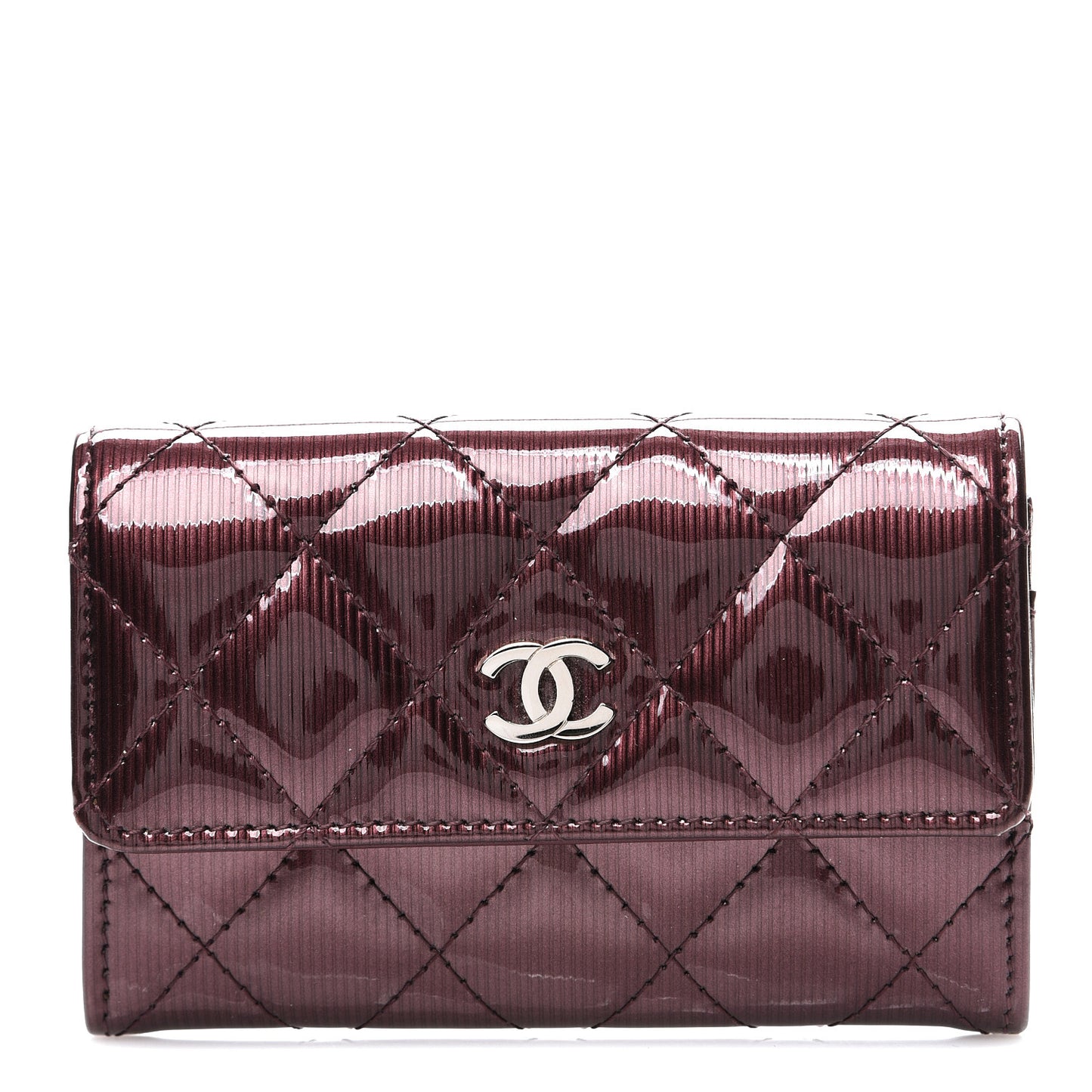 Striated Patent Quilted Flap Card Holder Burgundy