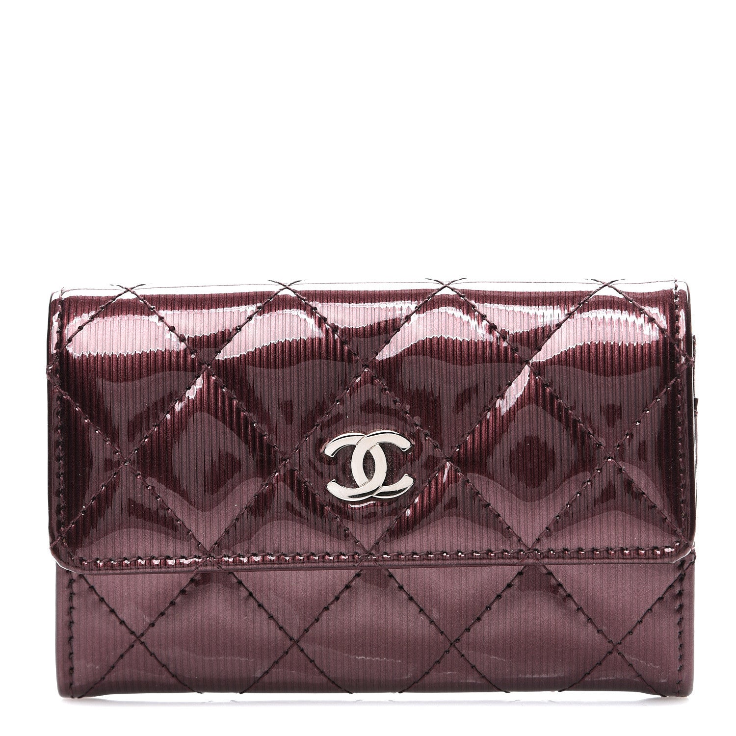 Chanel Striated Patent Quilted Flap Card Holder Burgundy 1 of 8