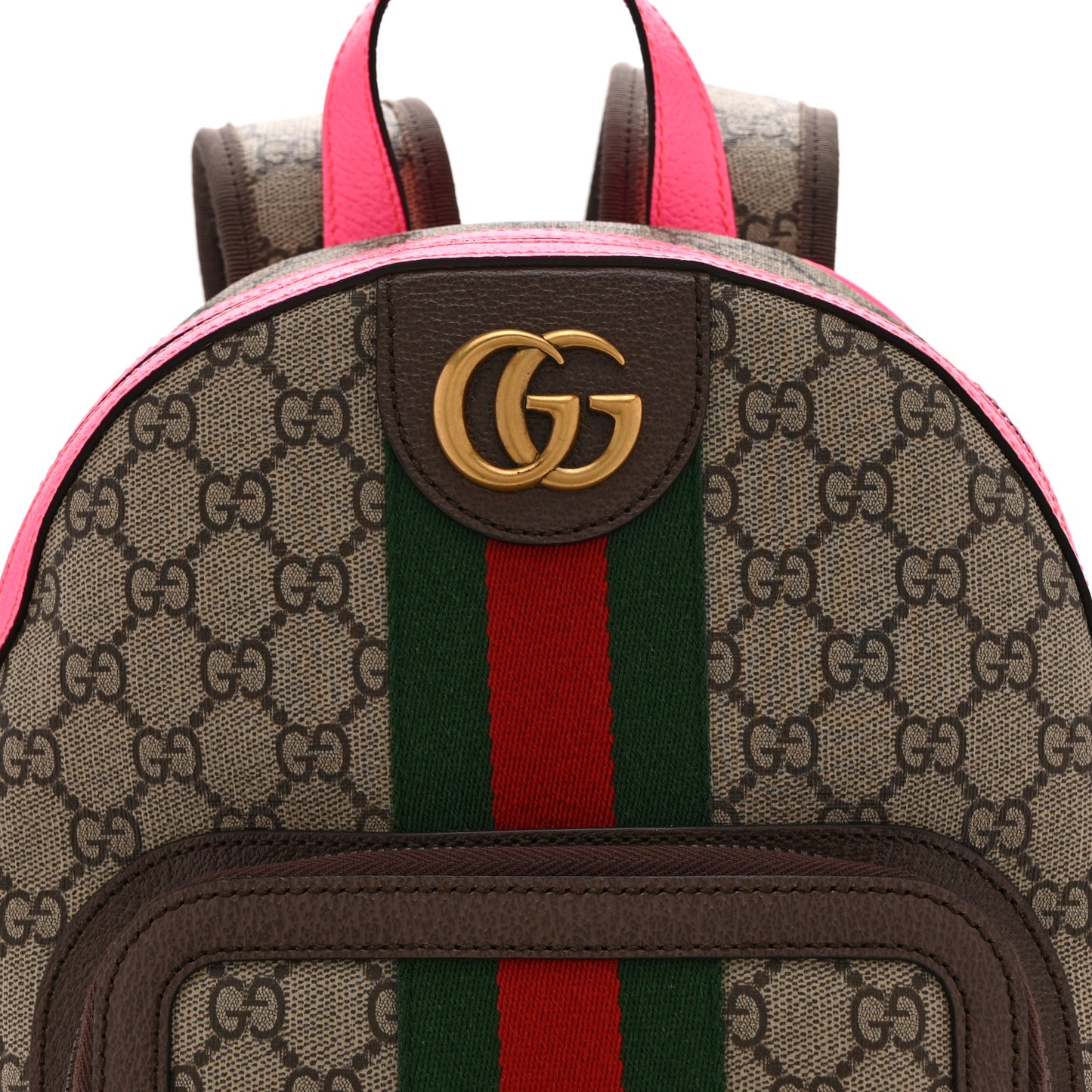 GG Supreme Monogram Textured Dollar Calfskin Web Small Ophidia Day Backpack Beige Ebony Fluorescent Fuchsia