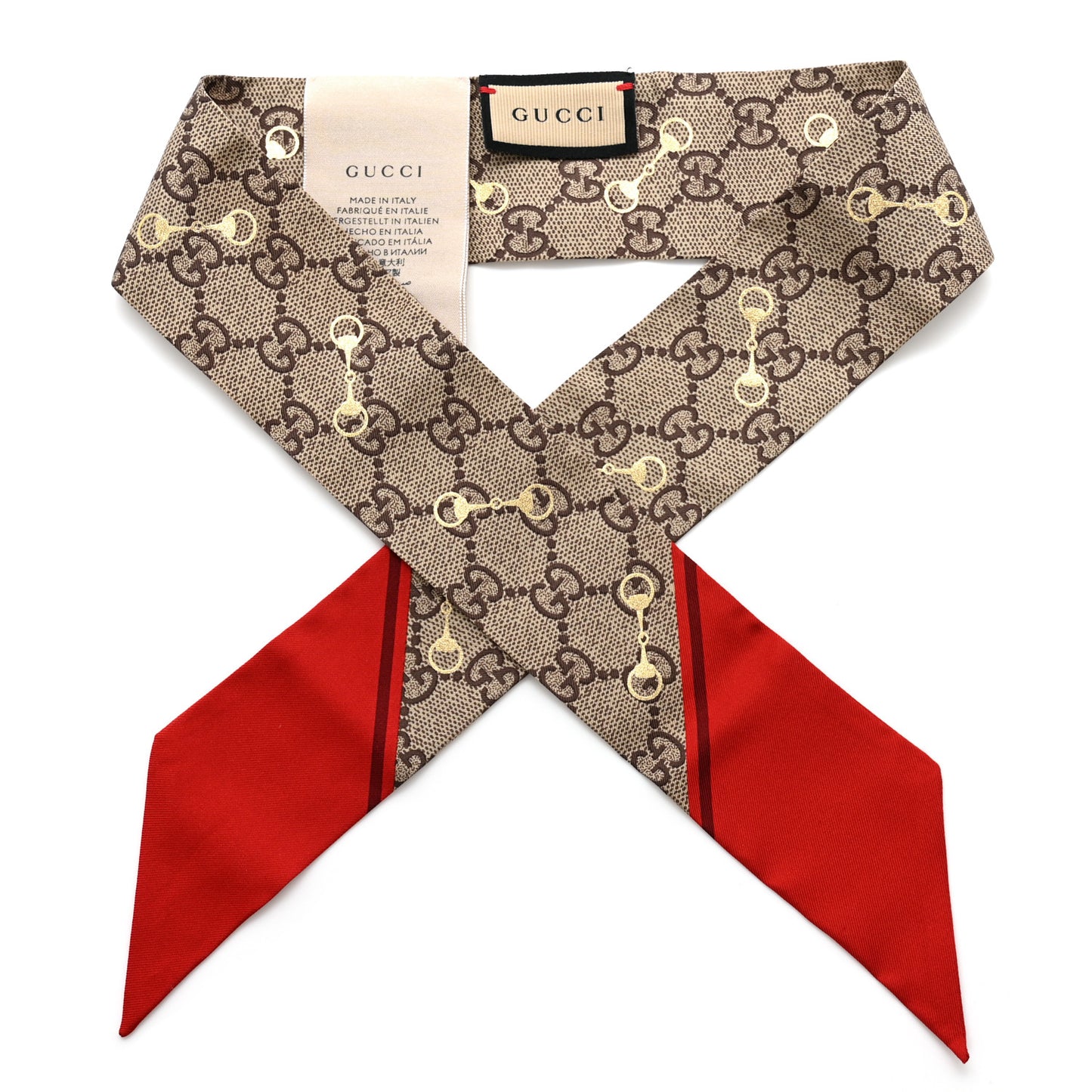 Silk Twill GG Monogram Gold Horsebity Neck Bow Scarf Flame