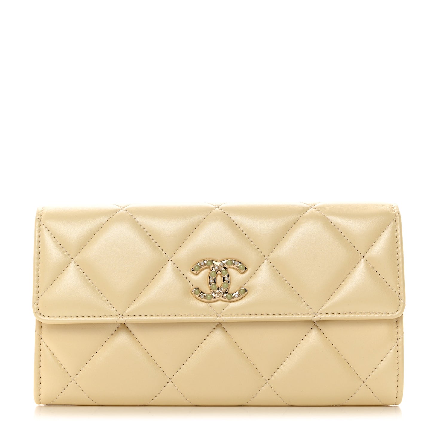 Iridescent Lambskin Quilted CC Flap Wallet Beige