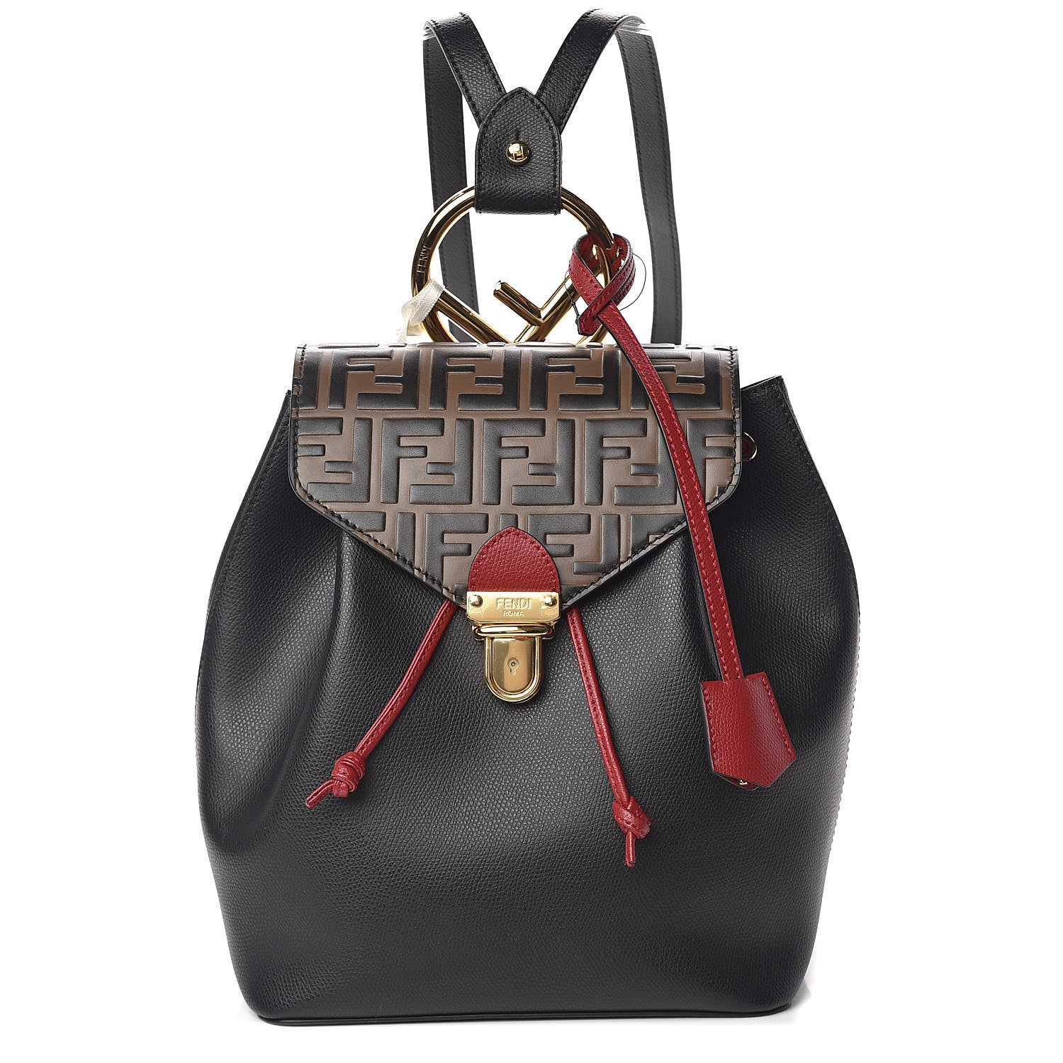 Fendi Vitello Cruise Bi-Color FF 1974 Embossed F is Fendi Drawstring Backpack Black Fragola Maya 1 of 12