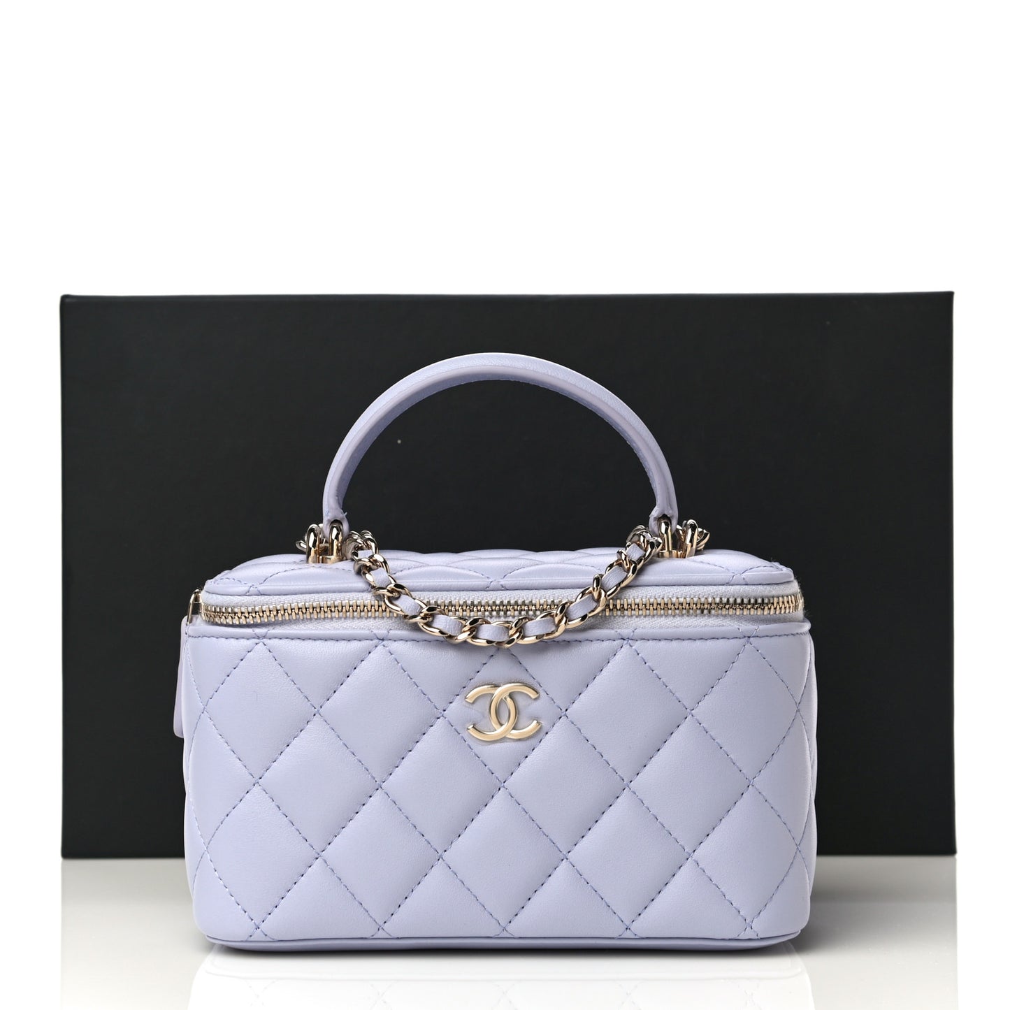 Lambskin Quilted Small Top Handle Vanity Case With Chain Light Purple