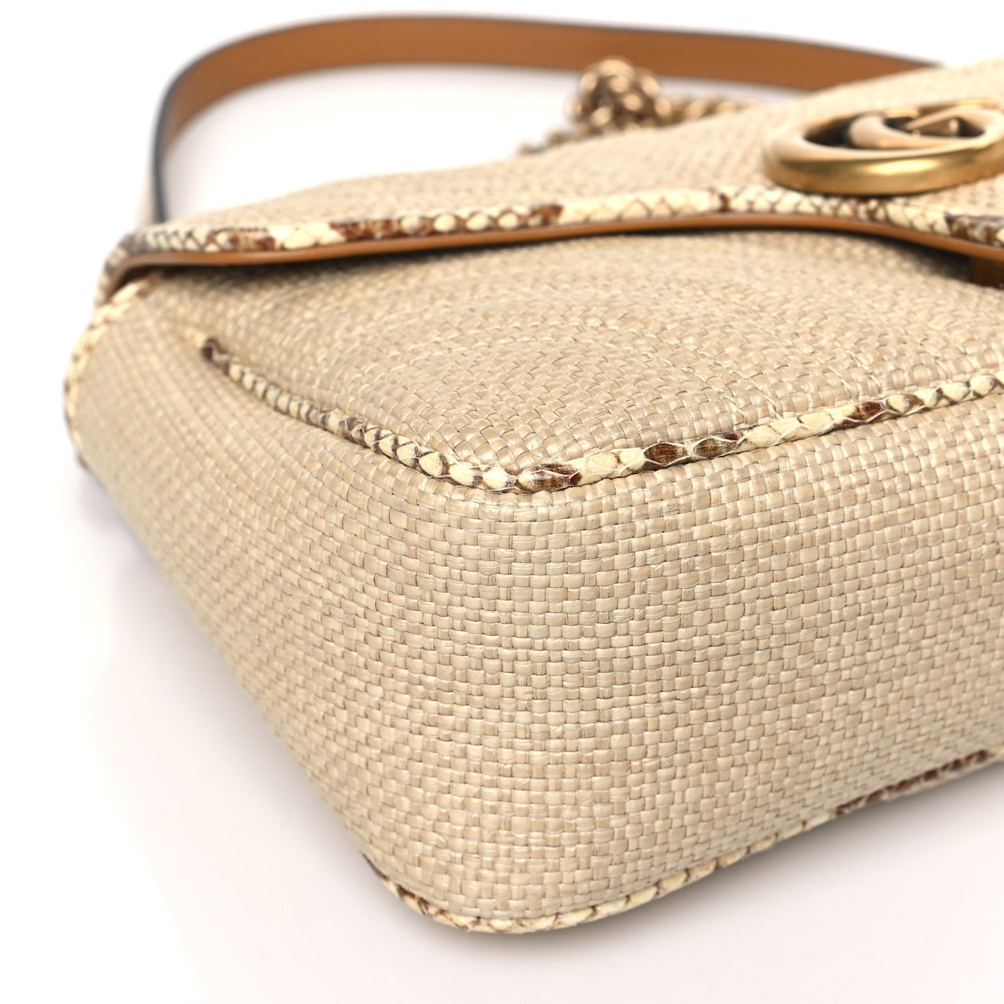 Raffia Elaphe Matelasse Small GG Marmont Shoulder Bag Natural Cream Brown