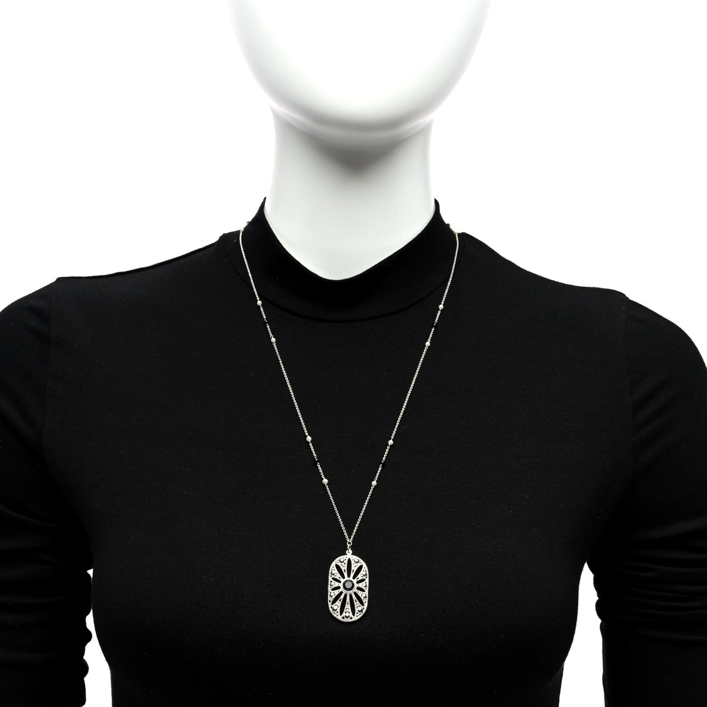 Sterling Silver Black Onyx Pearl Ziegfeld Daisy Pendant Necklace