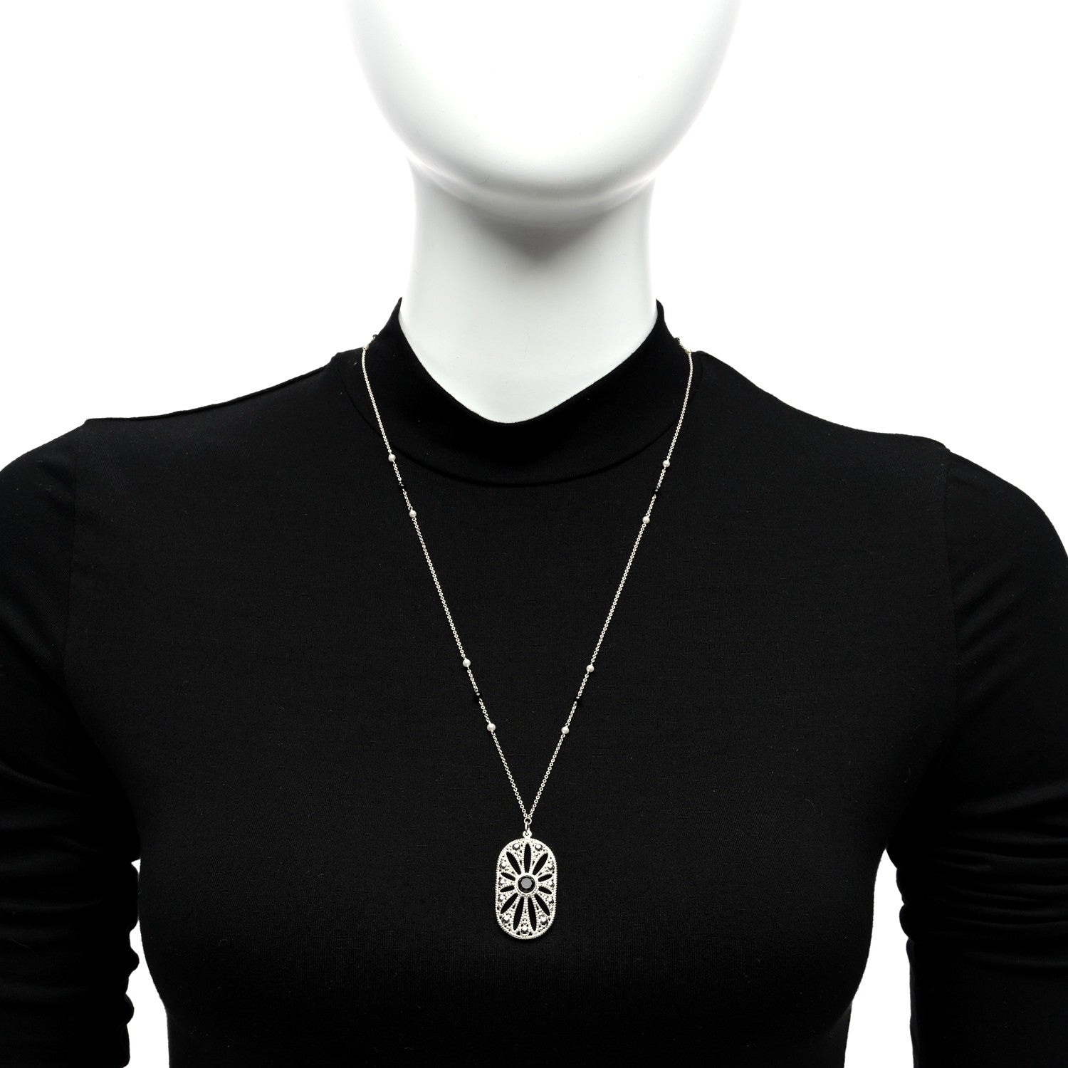 Tiffany Sterling Silver Black Onyx Pearl Ziegfeld Daisy Pendant Necklace 2 of 4