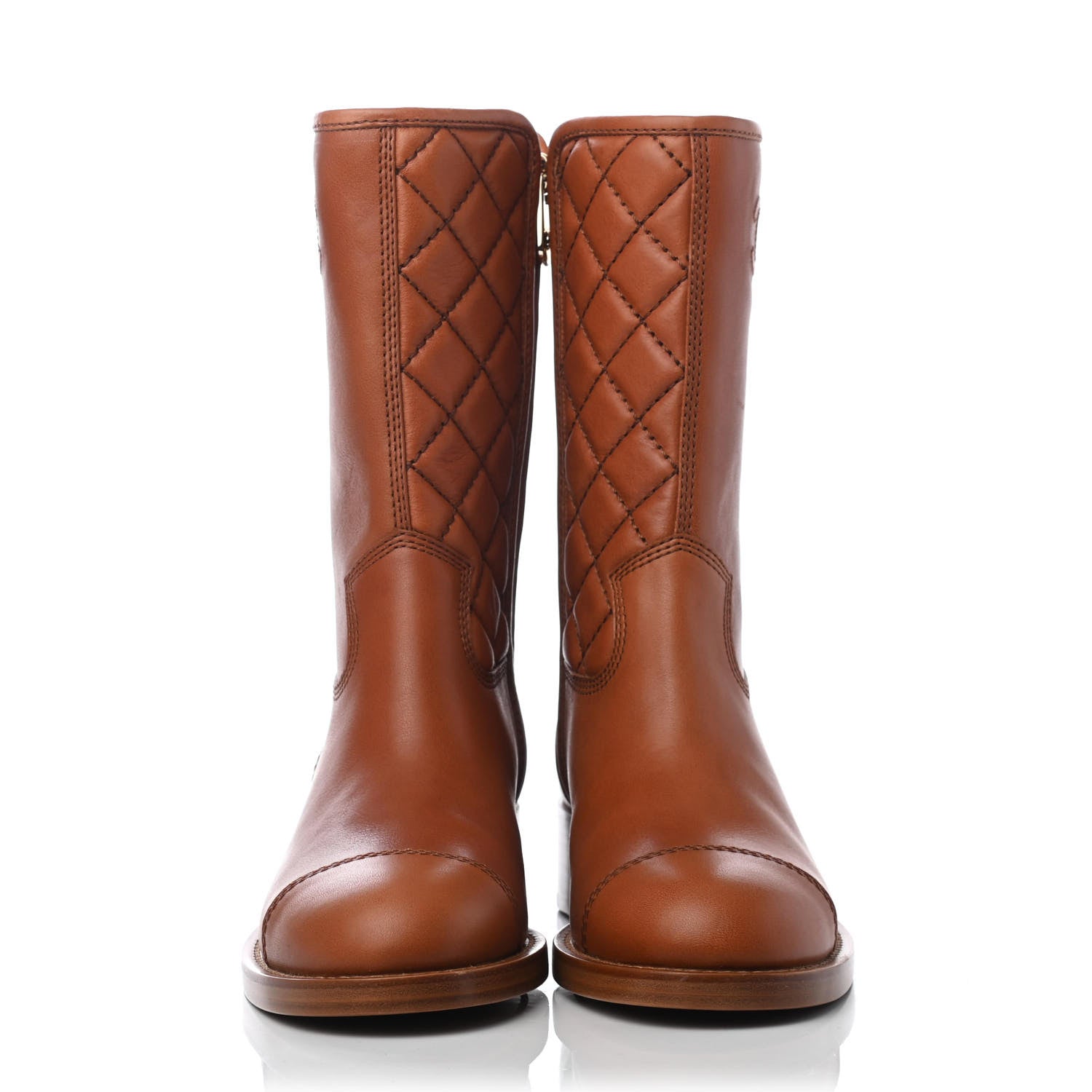 Chanel Calfskin Quilted CC Logo Mid Calf Boots 38 Caramel 2 of 4