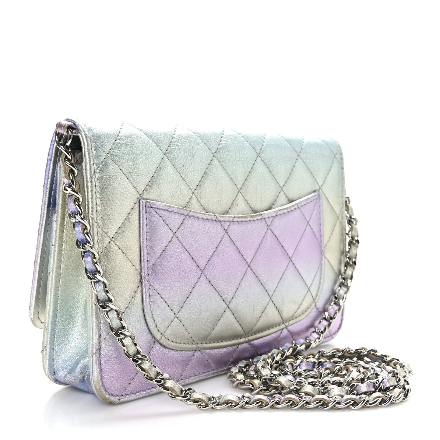 Gradient Metallic Calfskin Quilted Wallet On Chain WOC Silver Blue Yellow Purple