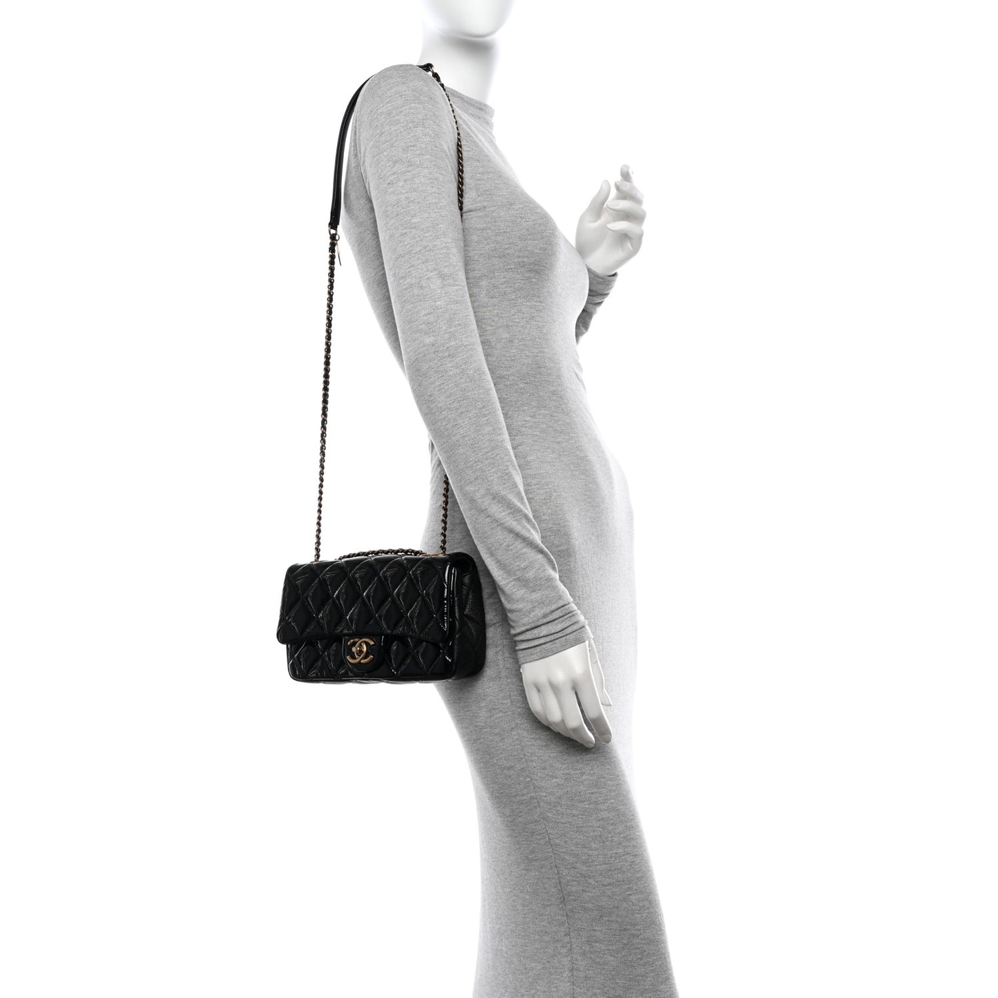 Patent Goatskin Quilted Small CC Eyelet Flap Black