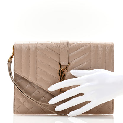Saint Laurent Grain De Poudre Textured Mixed Matelasse Triquilt Monogram Clutch Dark Beige 2 of 9