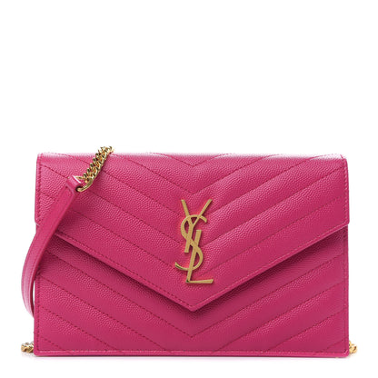 Saint Laurent Grain De Poudre Matelasse Chevron Monogram Envelope Chain Wallet Fresh Fuchsia 1 of 9