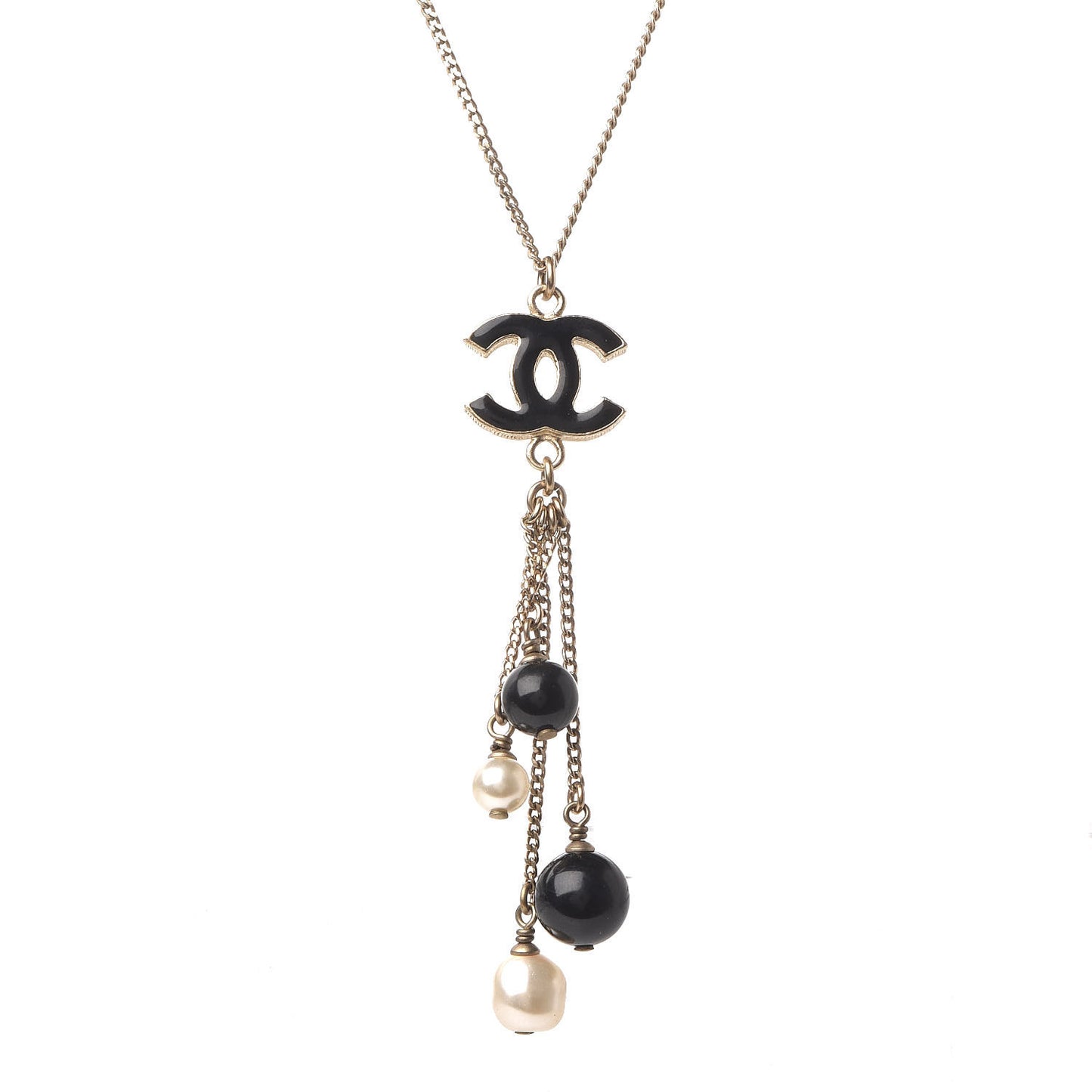 Enamel Bead Pearl CC Drop Necklace Black Gold