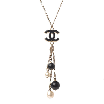 Chanel Enamel Bead Pearl CC Drop Necklace Black Gold 4 of 5