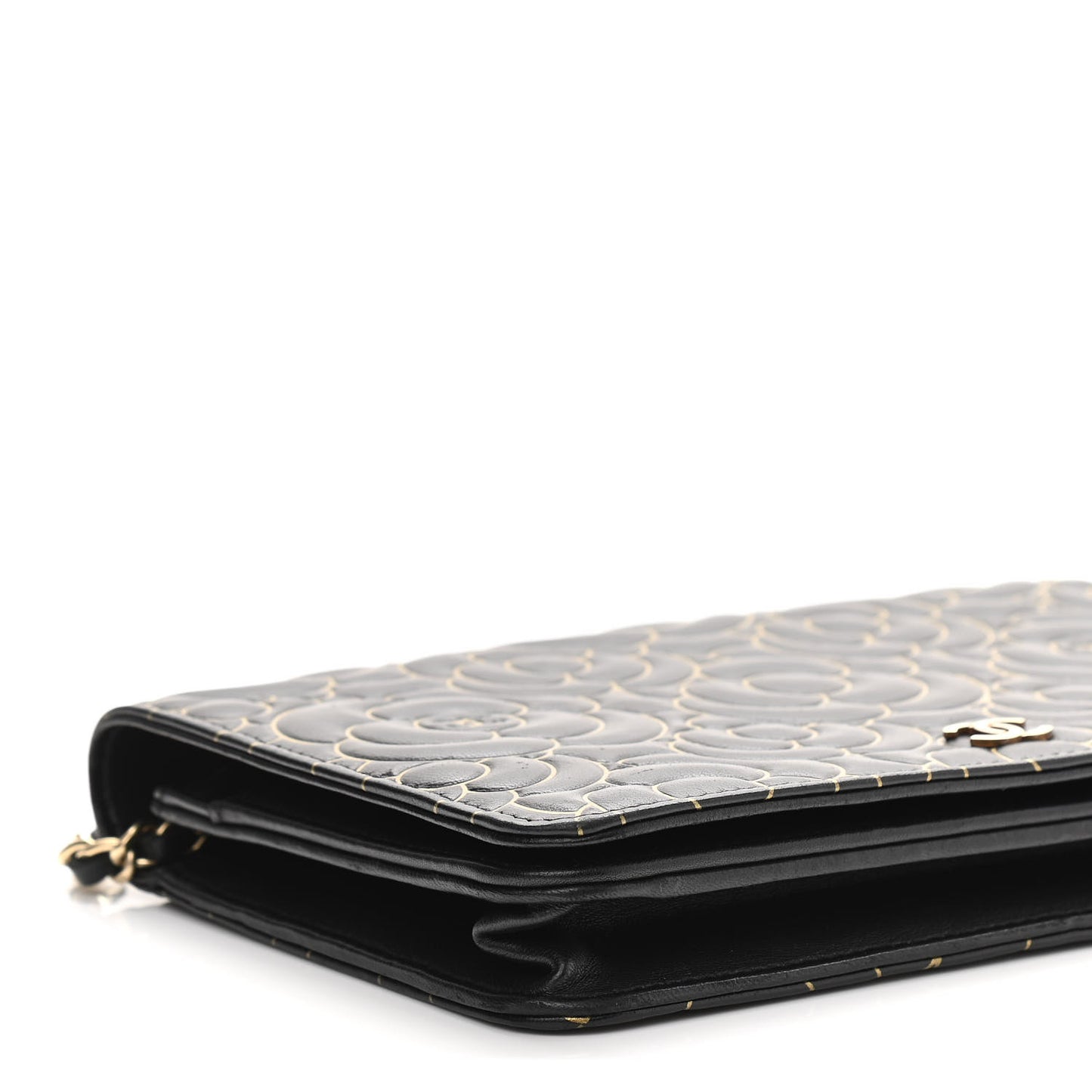 Lambskin Camellia Embossed Wallet On Chain WOC Black Gold