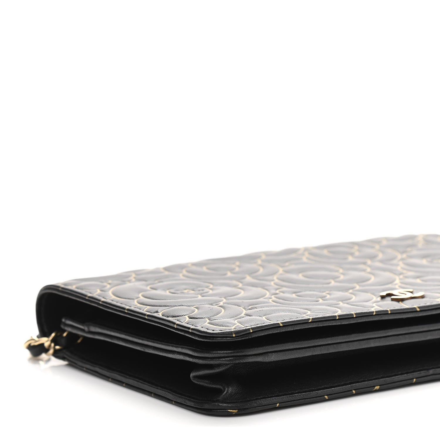 Chanel Lambskin Camellia Embossed Wallet On Chain WOC Black Gold 10 of 13