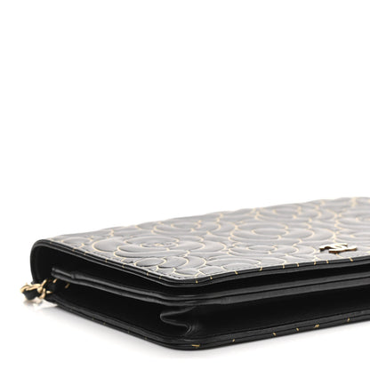 Chanel Lambskin Camellia Embossed Wallet On Chain WOC Black Gold 10 of 13