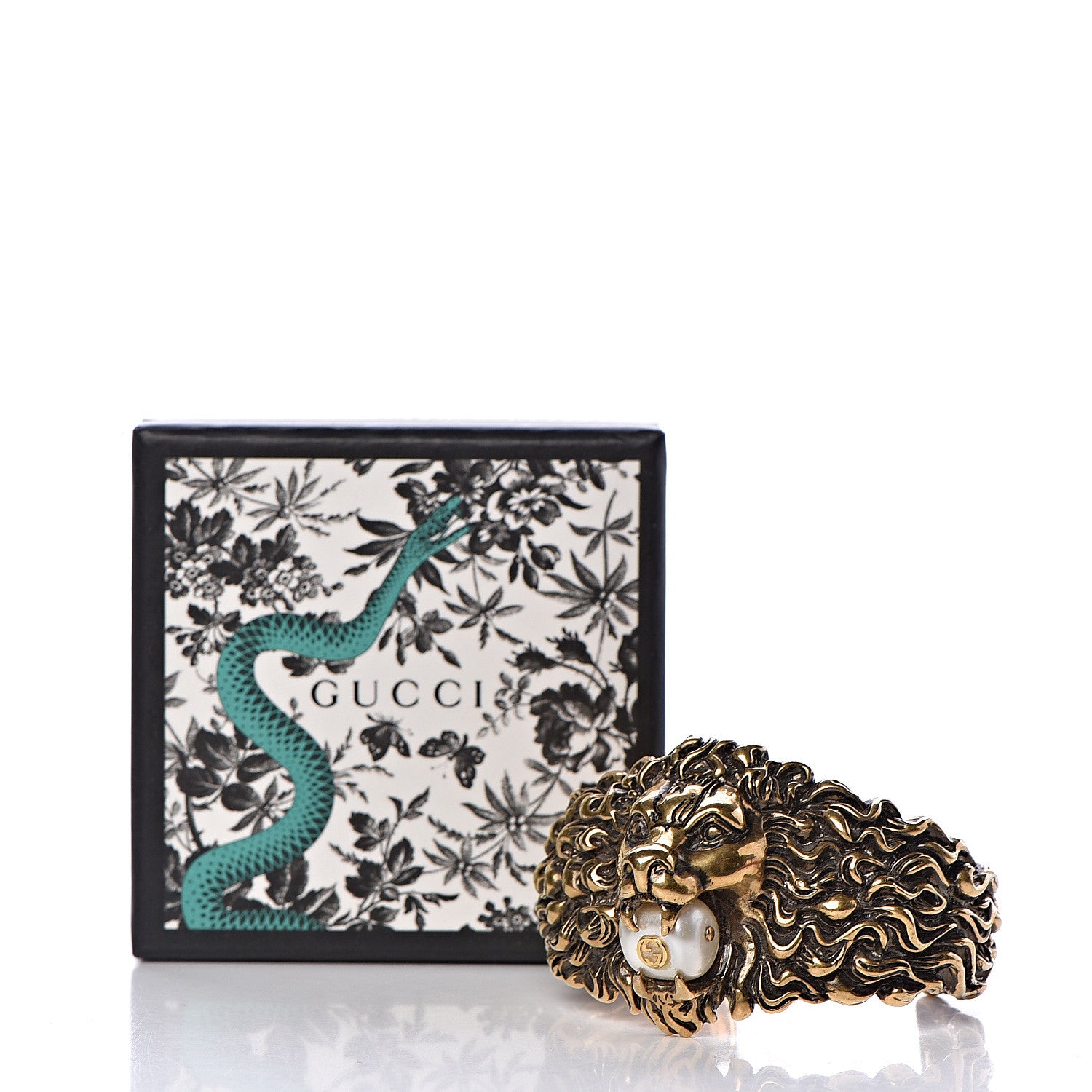 Gucci Metal Pearl Lion Head Cuff Bracelet 18 Aged Gold 6 of 6