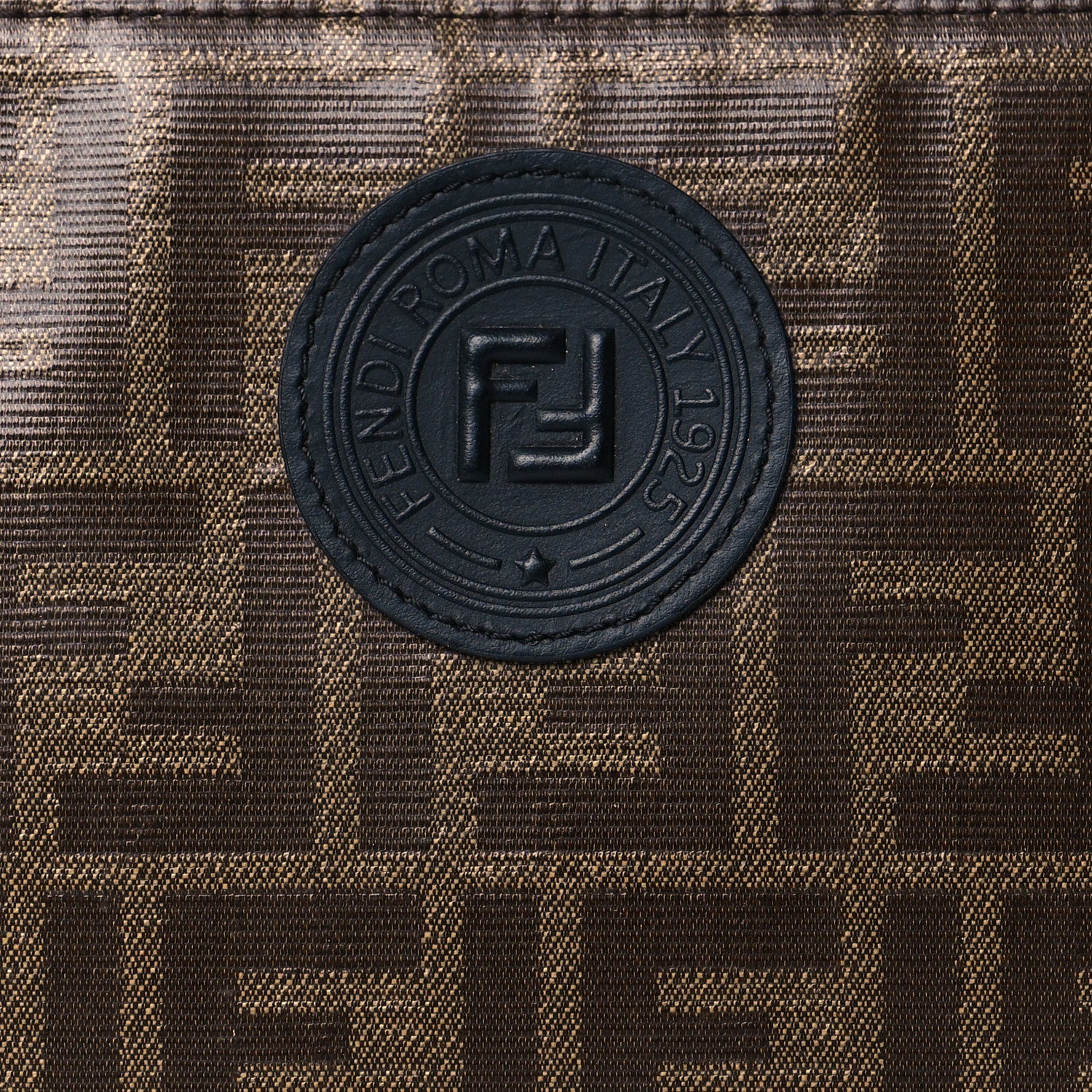 Fendi Glazed Fabric Vitello Century FF 1974 Stamp Patch Medium FFreedom Flat Pouch Mogano Panna Black 8 of 10