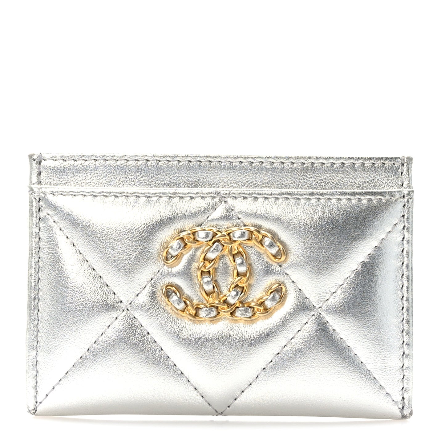 Metallic Goatskin Quilted 19 Card Holder Silver