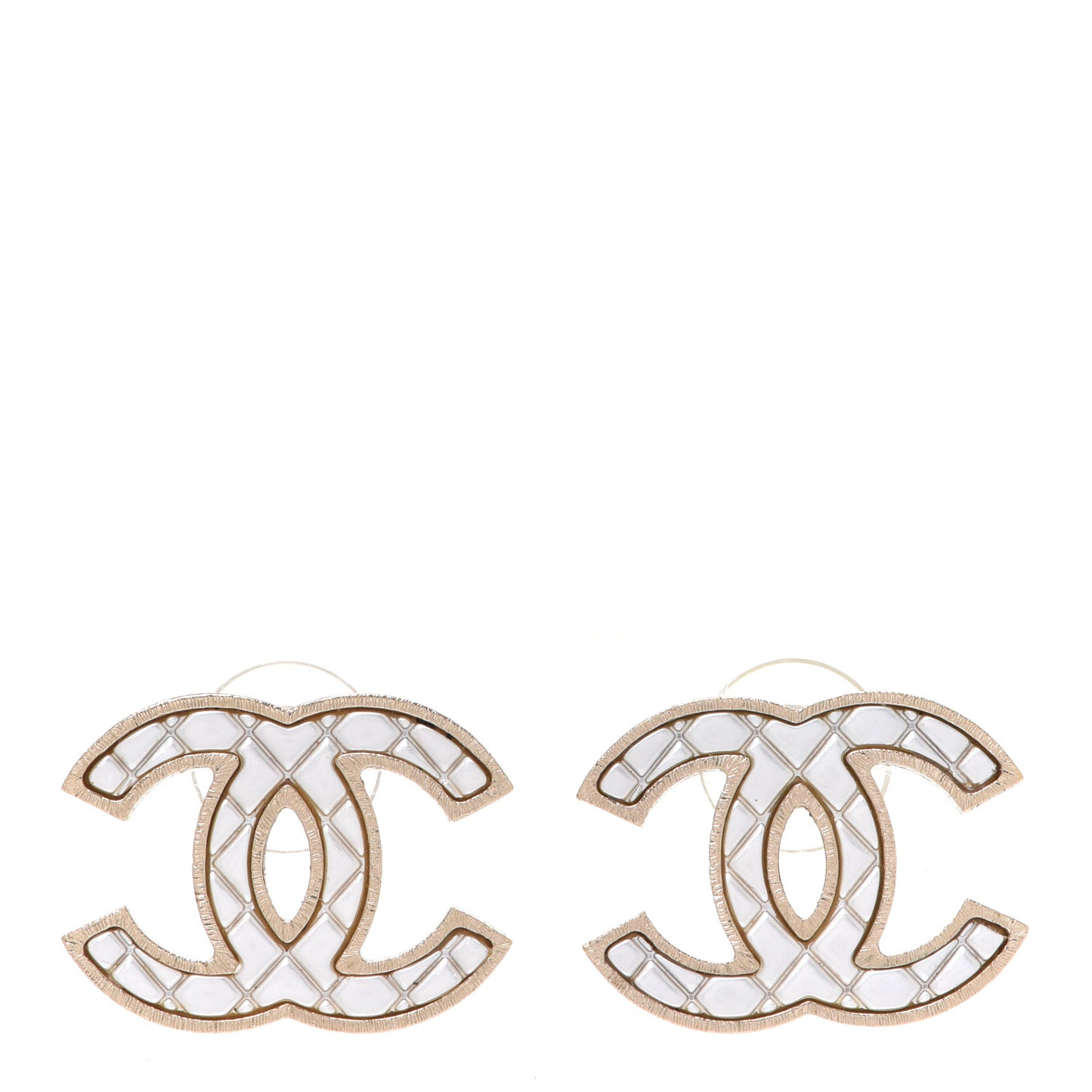 Metal Quilted CC Earrings Gold White