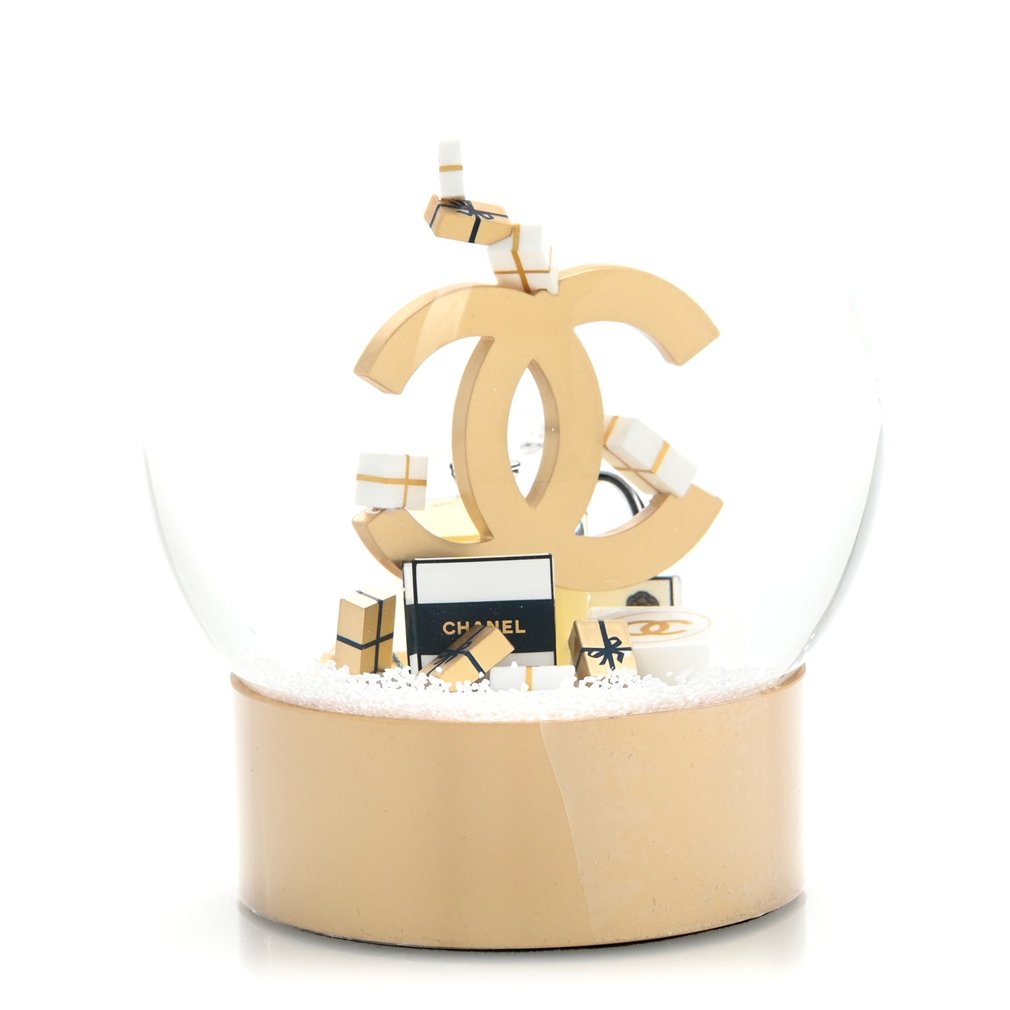 Glass CC Shopping Bag Snow Globe Gold