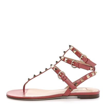 Valentino Garavani Calfskin Nappa Rockstud Ankle Wrap Flat Thong Sandals 36.5 Ginger 1 of 9