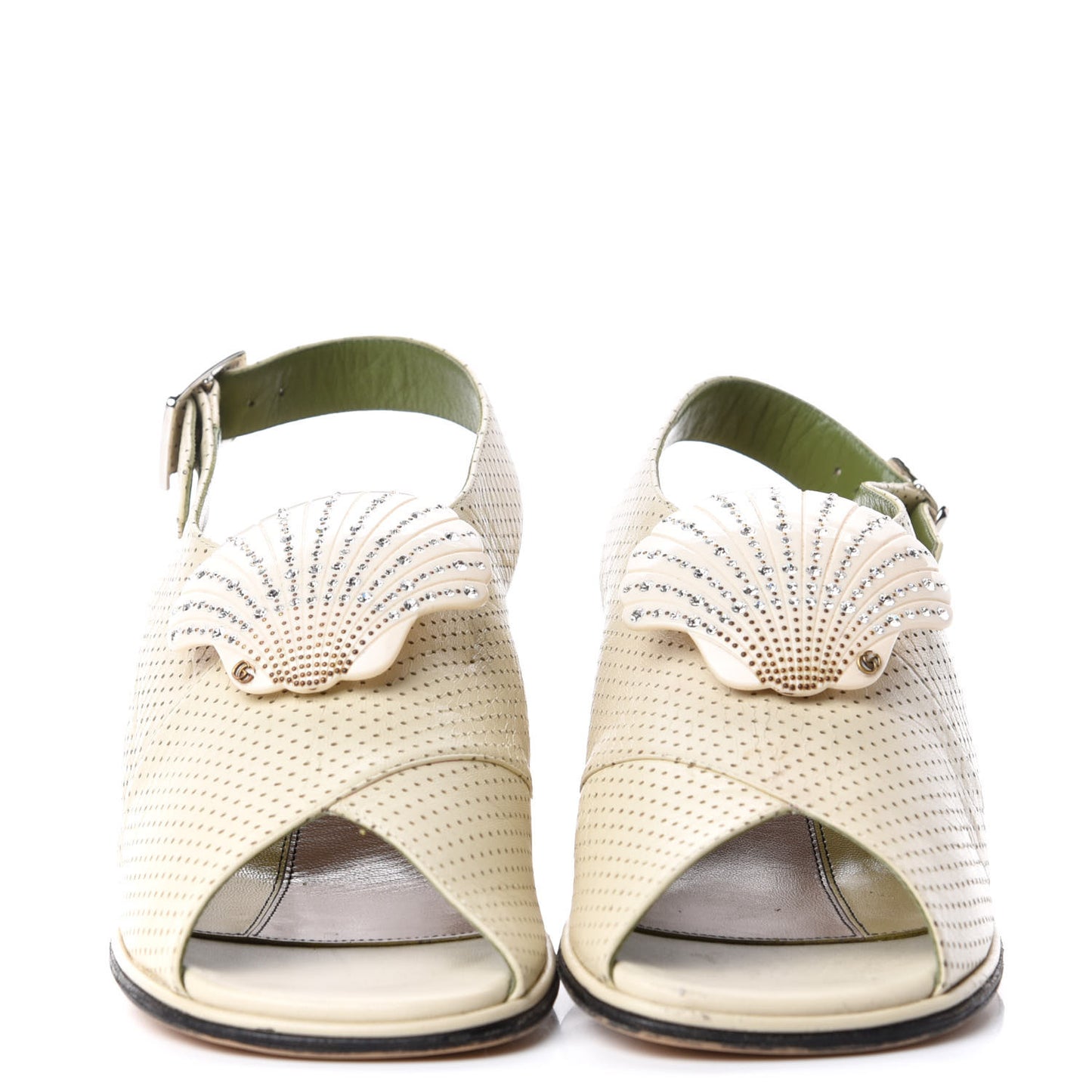 Calfskin Perforated Shell Embellished Slingback Sandals 38 Vintage White