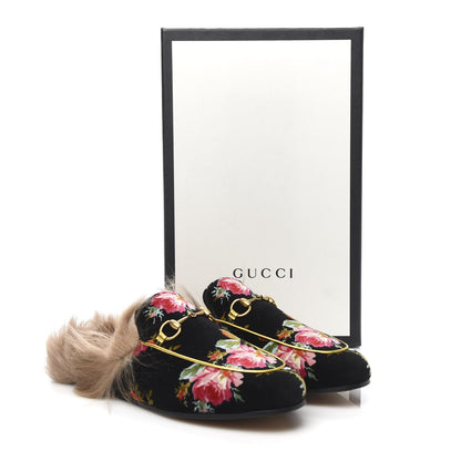 Gucci Velvet Fur Floral Womens Princetown Slippers 38 Black 8 of 8
