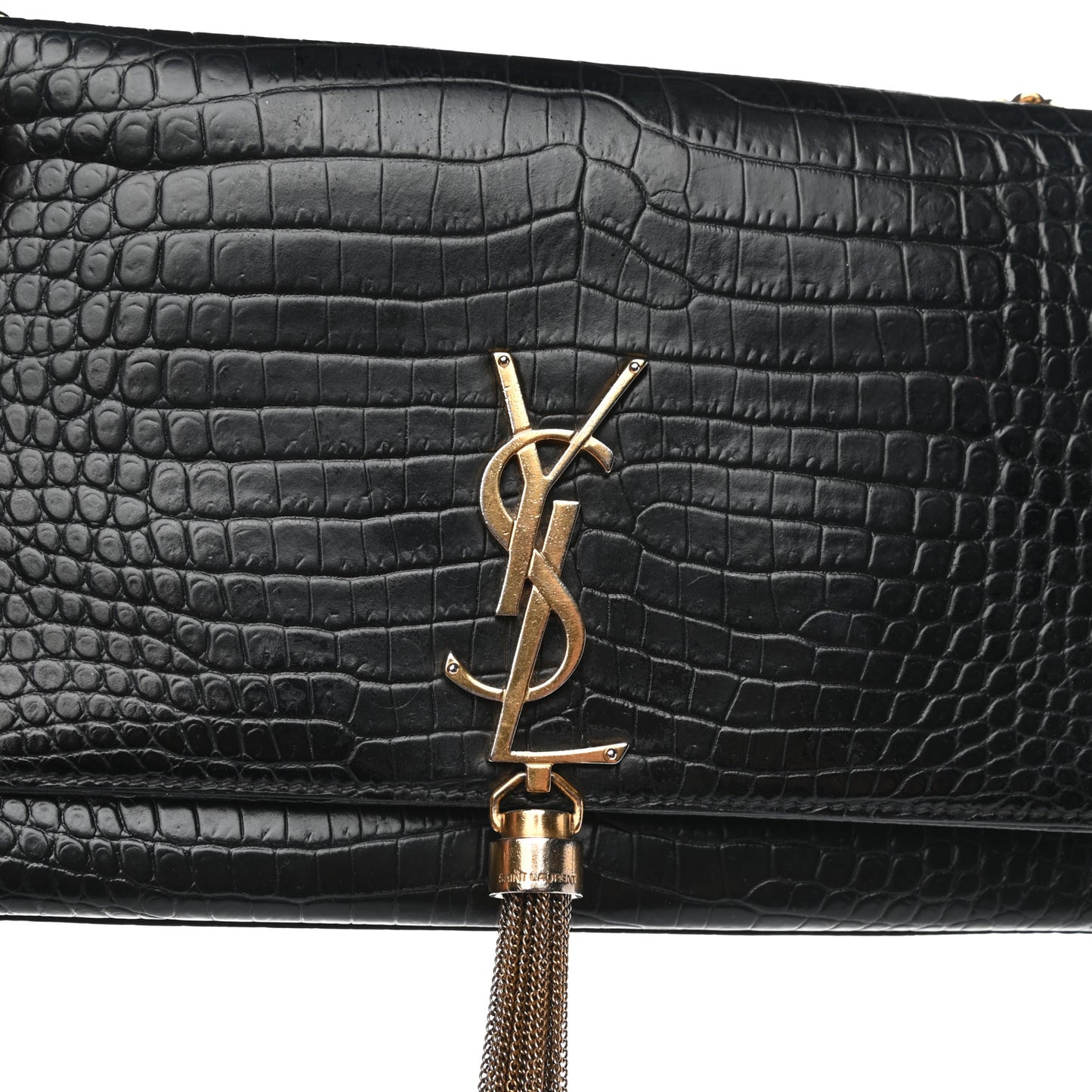 Calfskin Crocodile Embossed Medium Classic Monogram Kate Tassel Satchel Black