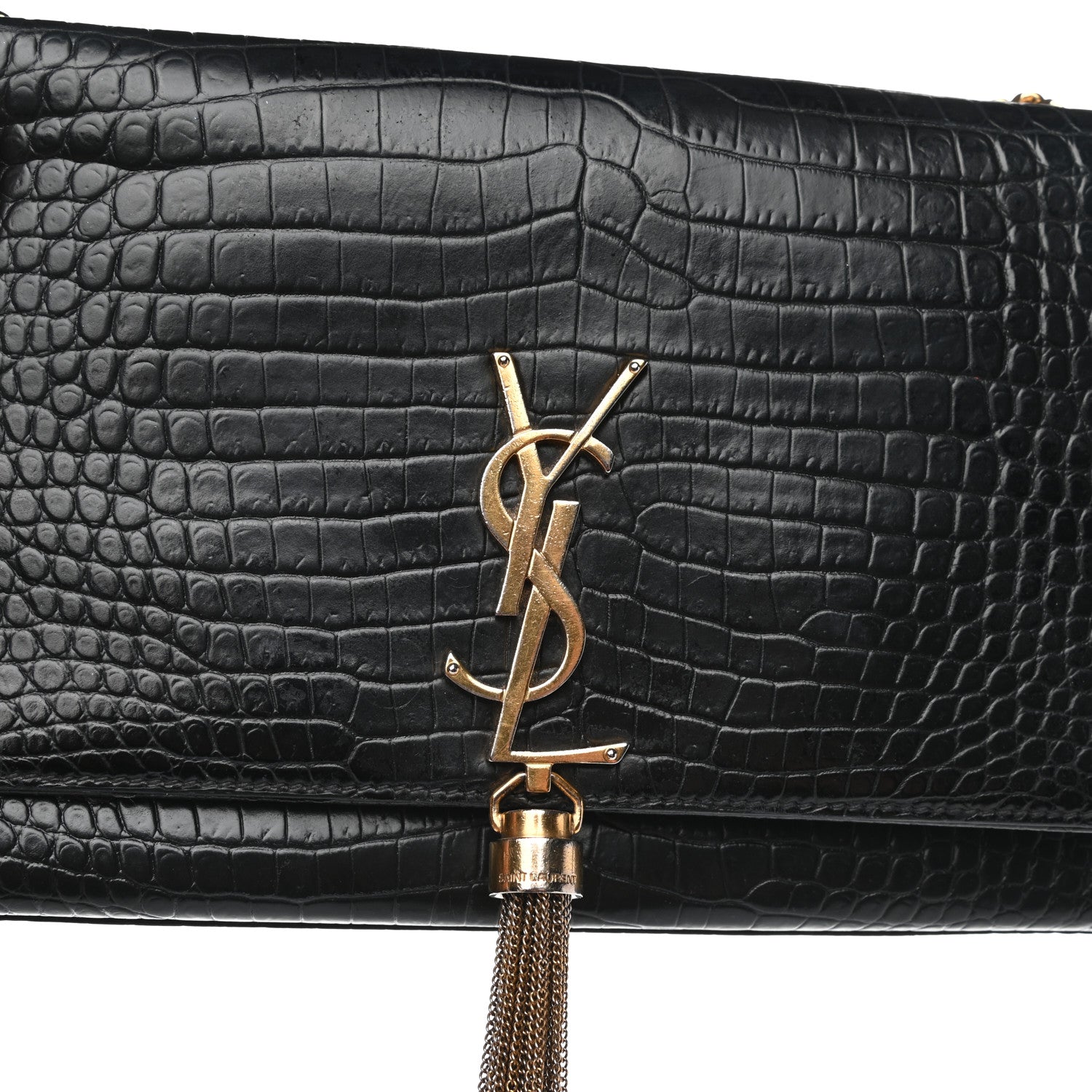 Saint Laurent Calfskin Crocodile Embossed Medium Classic Monogram Kate Tassel Satchel Black 12 of 13