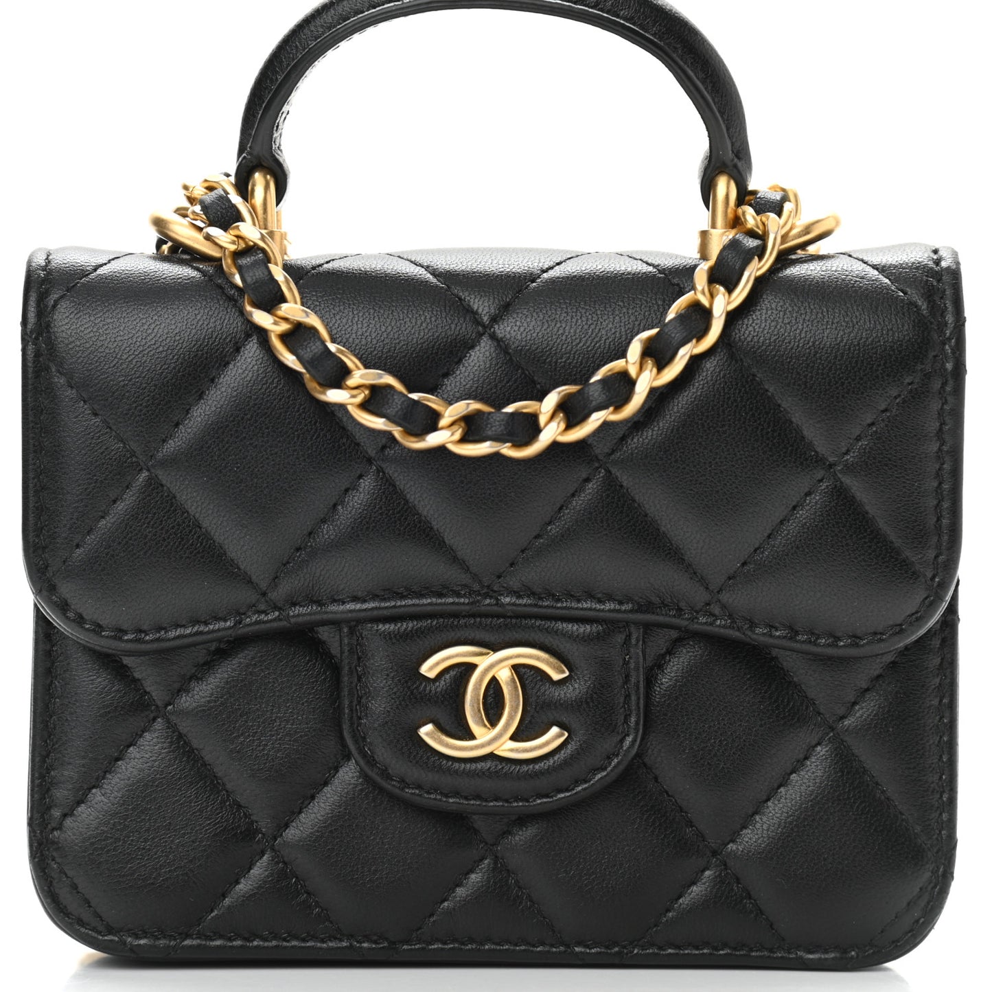 Lambskin Quilted Top Handle Flap Coin Purse With Chain Black