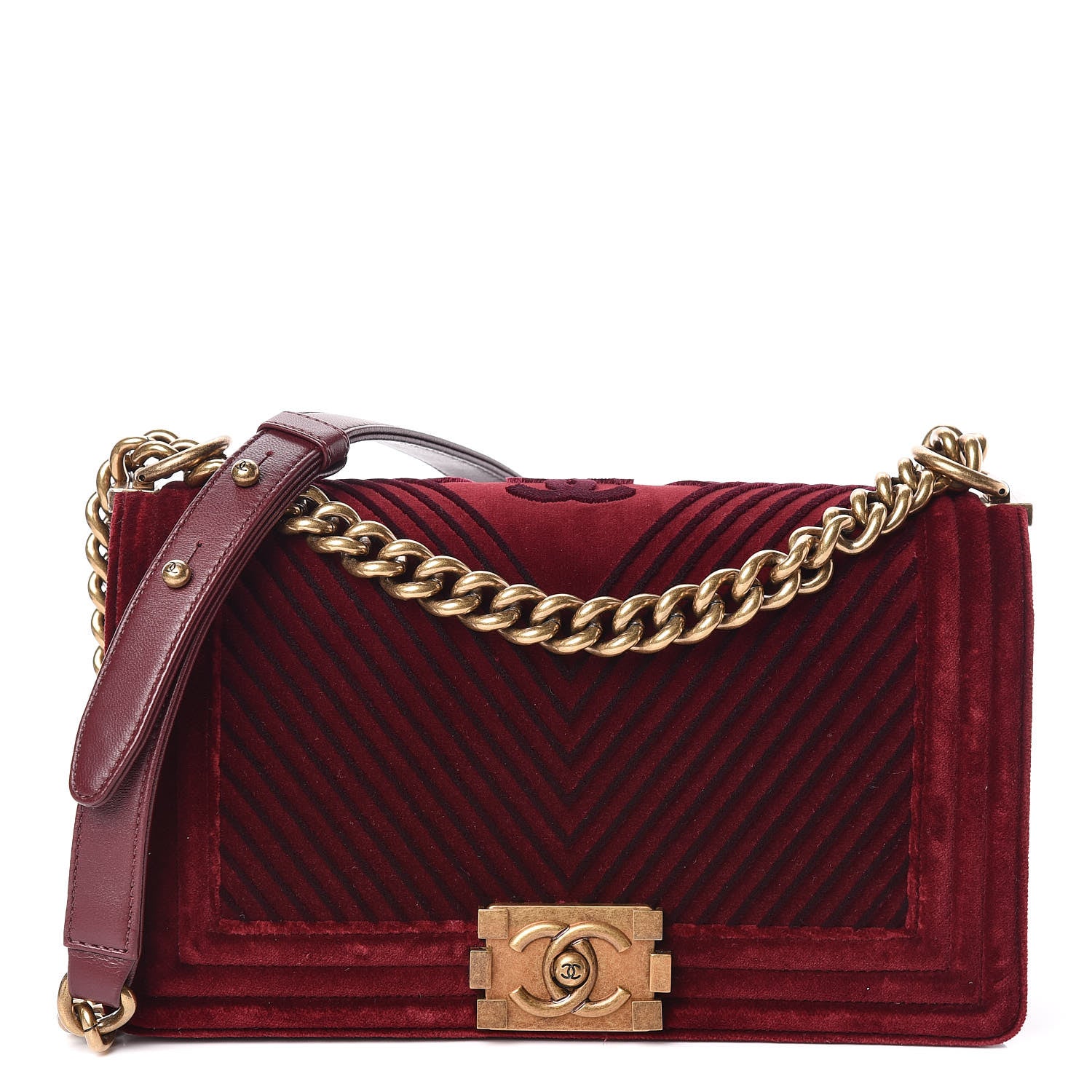Chanel Velvet Chevron Quilted Medium Boy Flap Burgundy 1 of 10