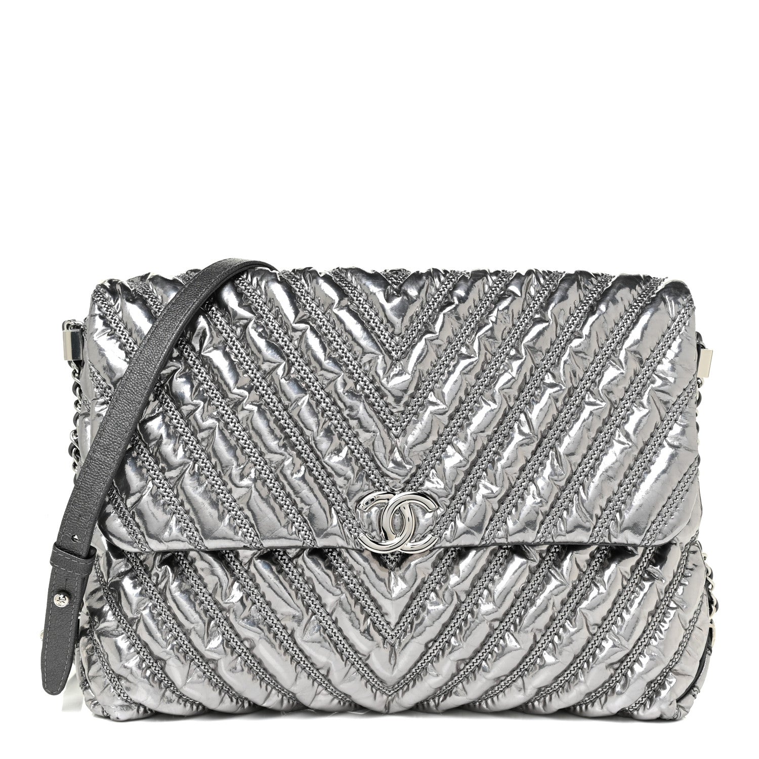 Chanel Metallic Lame Chevron Quilted Space Suit Flap Dark Grey 1 of 10