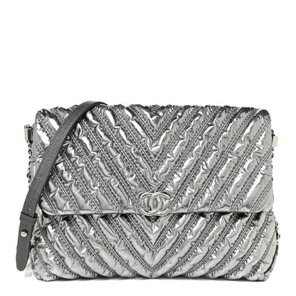 Chanel Metallic Lame Chevron Quilted Space Suit Flap Dark Grey 1 of 10