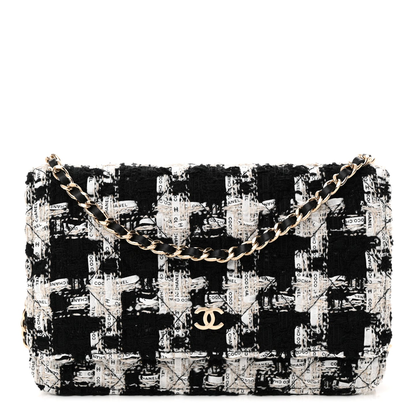 Tweed Quilted Wallet On Chain WOC Black Ecru White