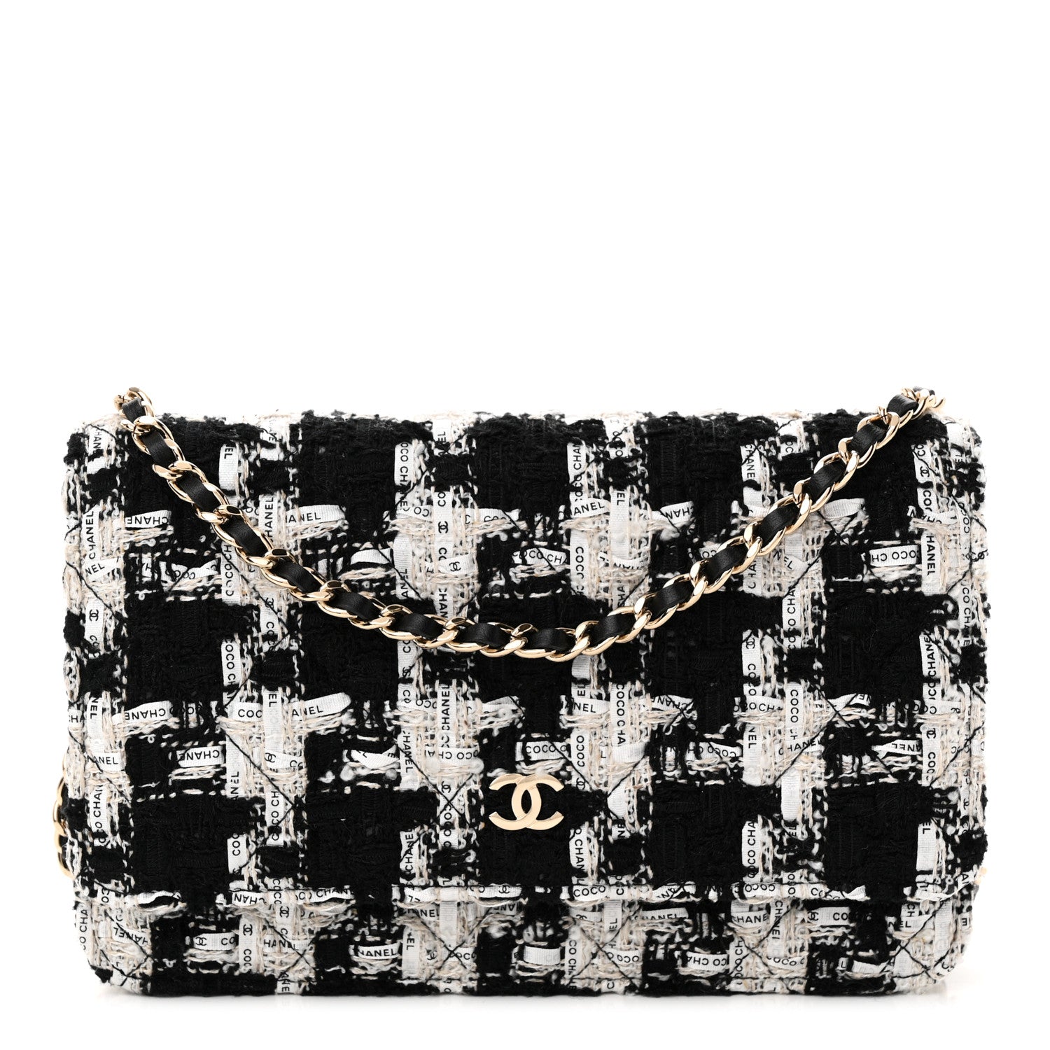 Chanel Tweed Quilted Wallet On Chain WOC Black Ecru White 1 of 12