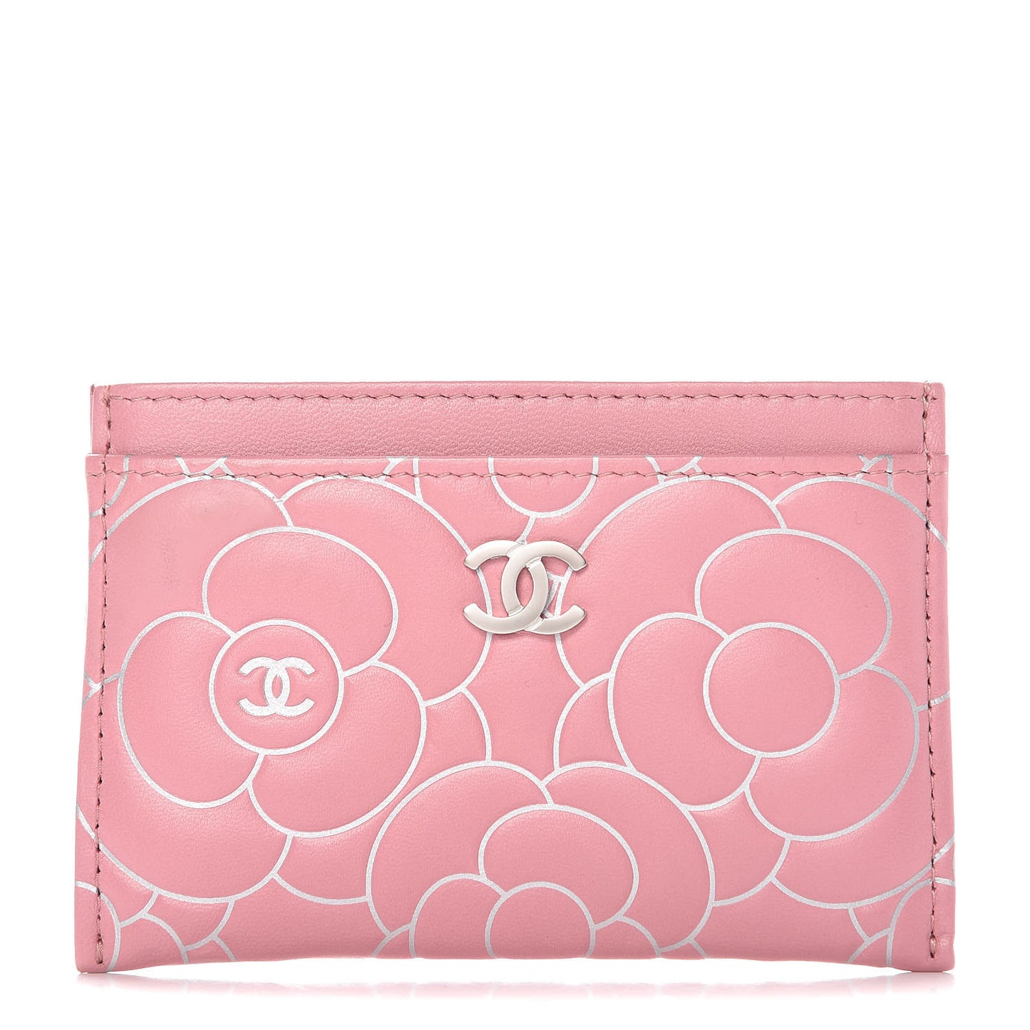 Lambskin Camellia Embossed Card Holder Pink