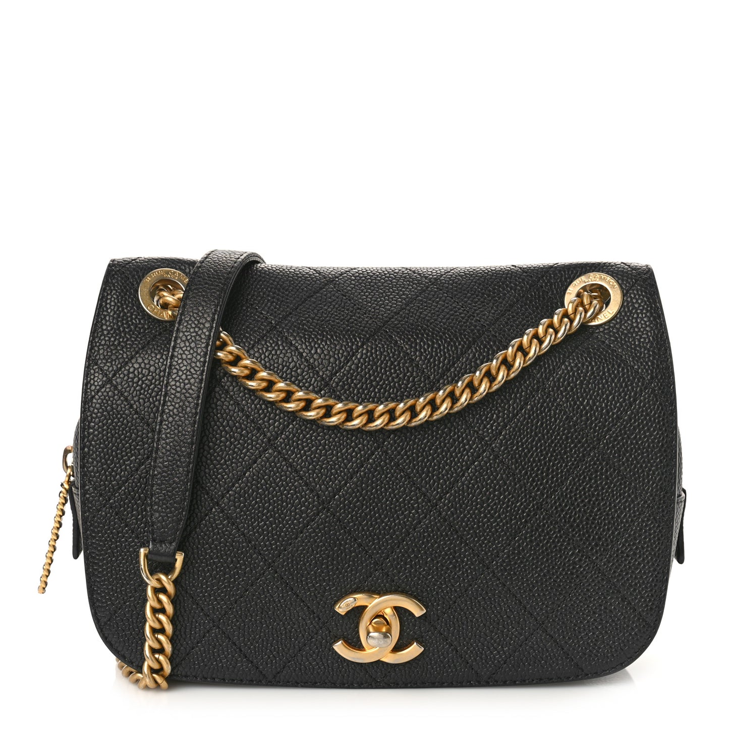Caviar Stitched Messenger Flap Bag Black