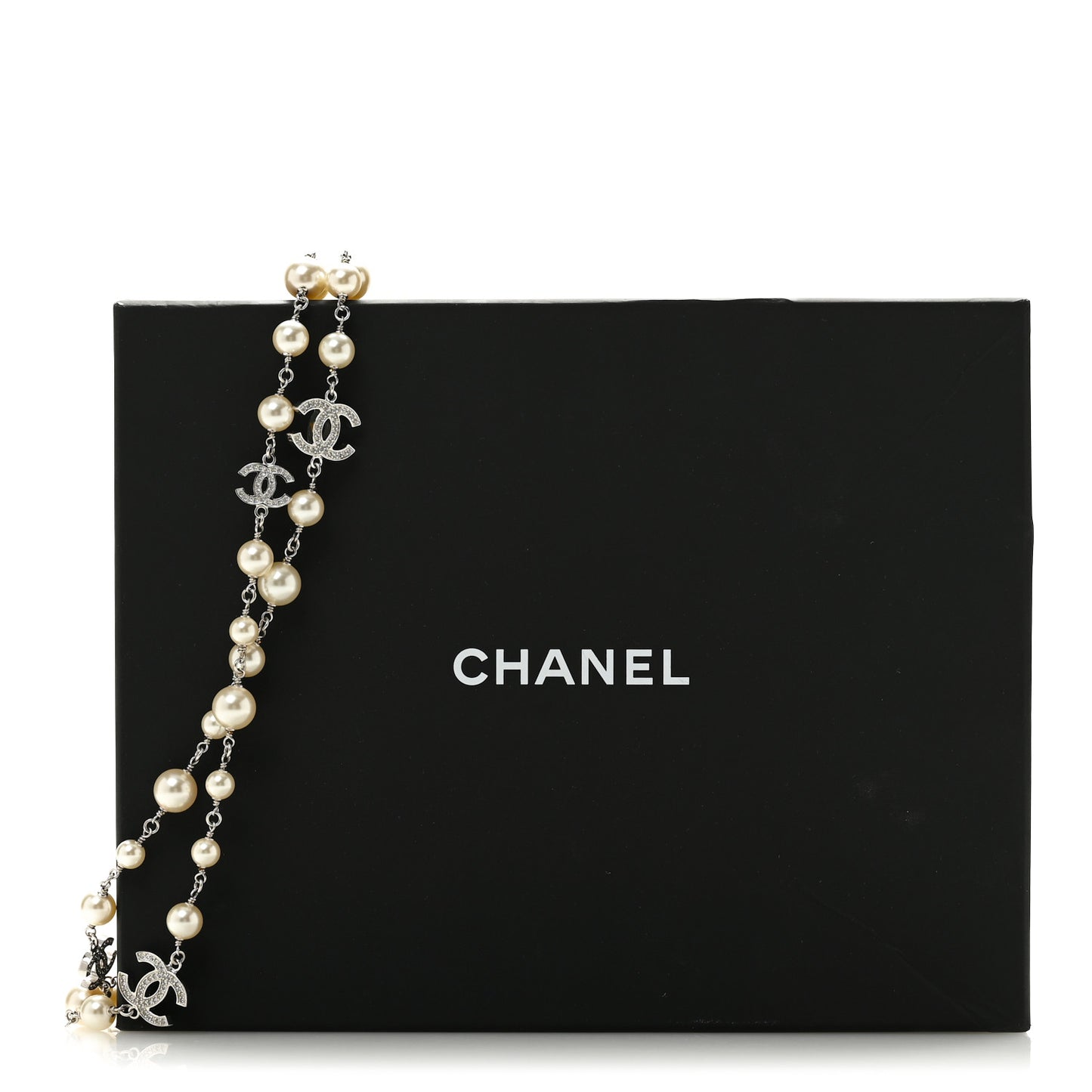 Graduated Pearl Crystal CC Long Necklace Silver