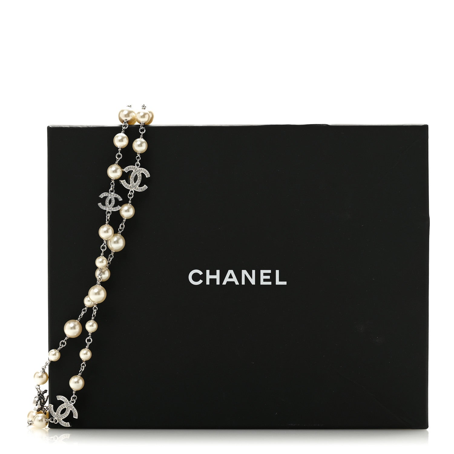 Chanel Graduated Pearl Crystal CC Long Necklace Silver 6 of 6