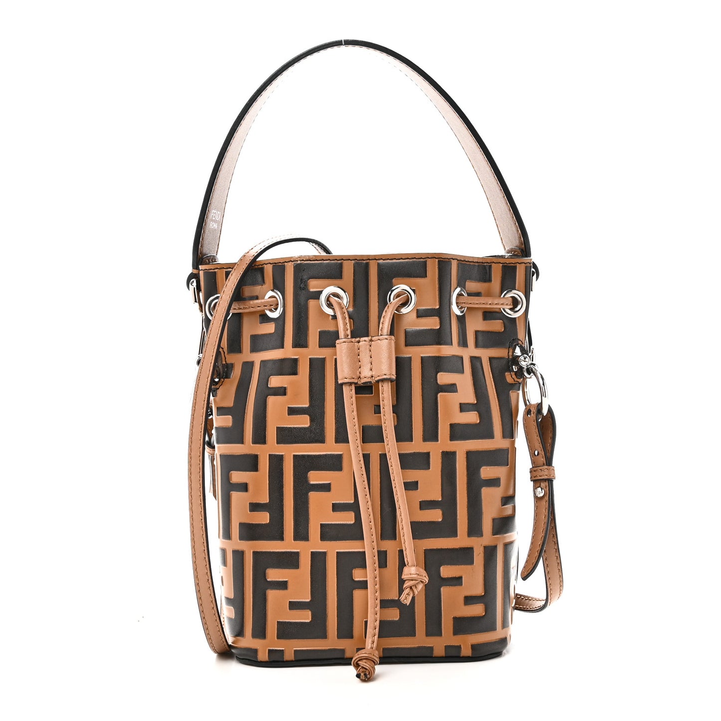 Vitello Liberty F is Fendi Bi-Color FF 1974 Embossed Mini Mon Tresor Bucket Bag Tobaco Orzo