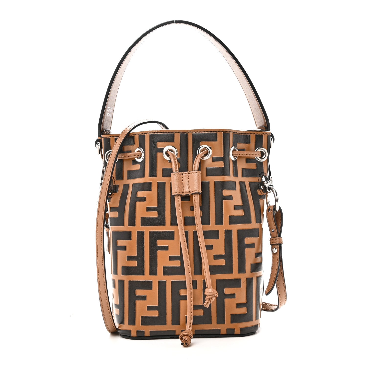 Fendi Vitello Liberty F is Fendi Bi-Color FF 1974 Embossed Mini Mon Tresor Bucket Bag Tobaco Orzo 1 of 10