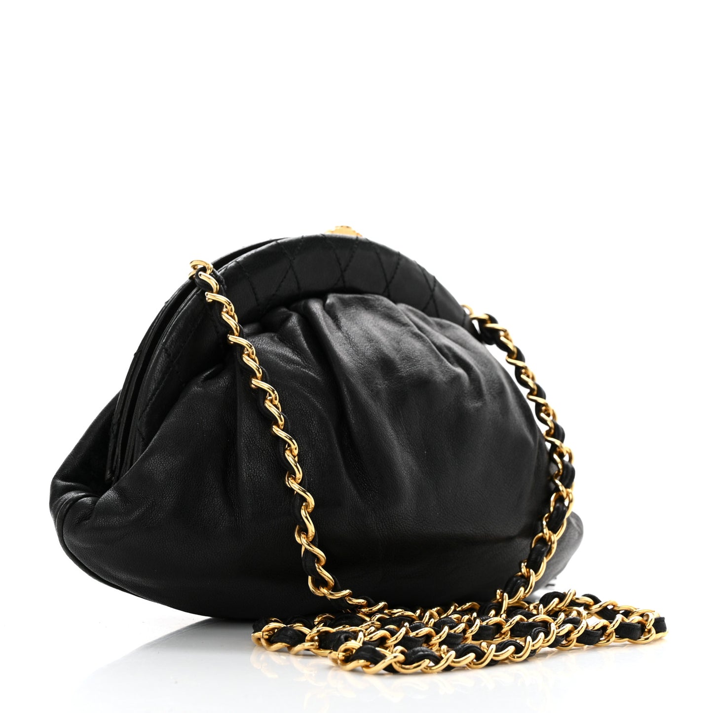 Lambskin Quilted Tassel Kiss Lock Evening Clutch With Chain Black