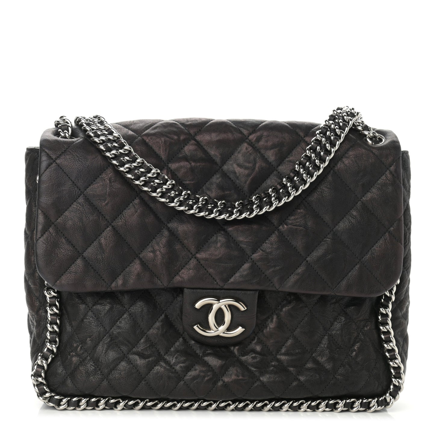 Washed Lambskin Quilted Maxi Chain Around Flap Black