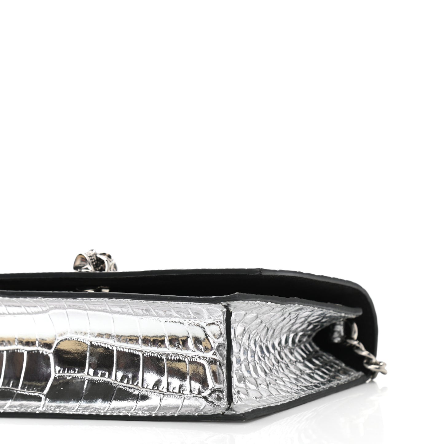 Metallic Calfskin Crocodile Embossed Skull Mini Shoulder Bag Silver