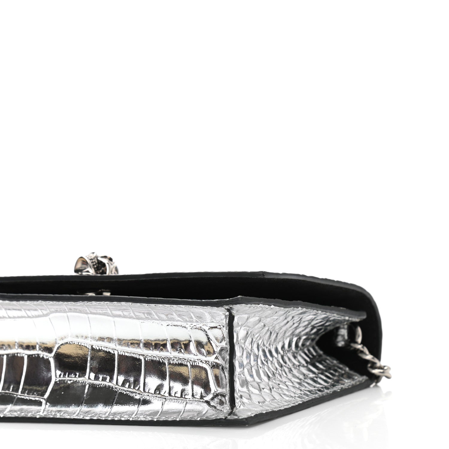Alexander McQueen Metallic Calfskin Crocodile Embossed Skull Mini Shoulder Bag Silver 9 of 10