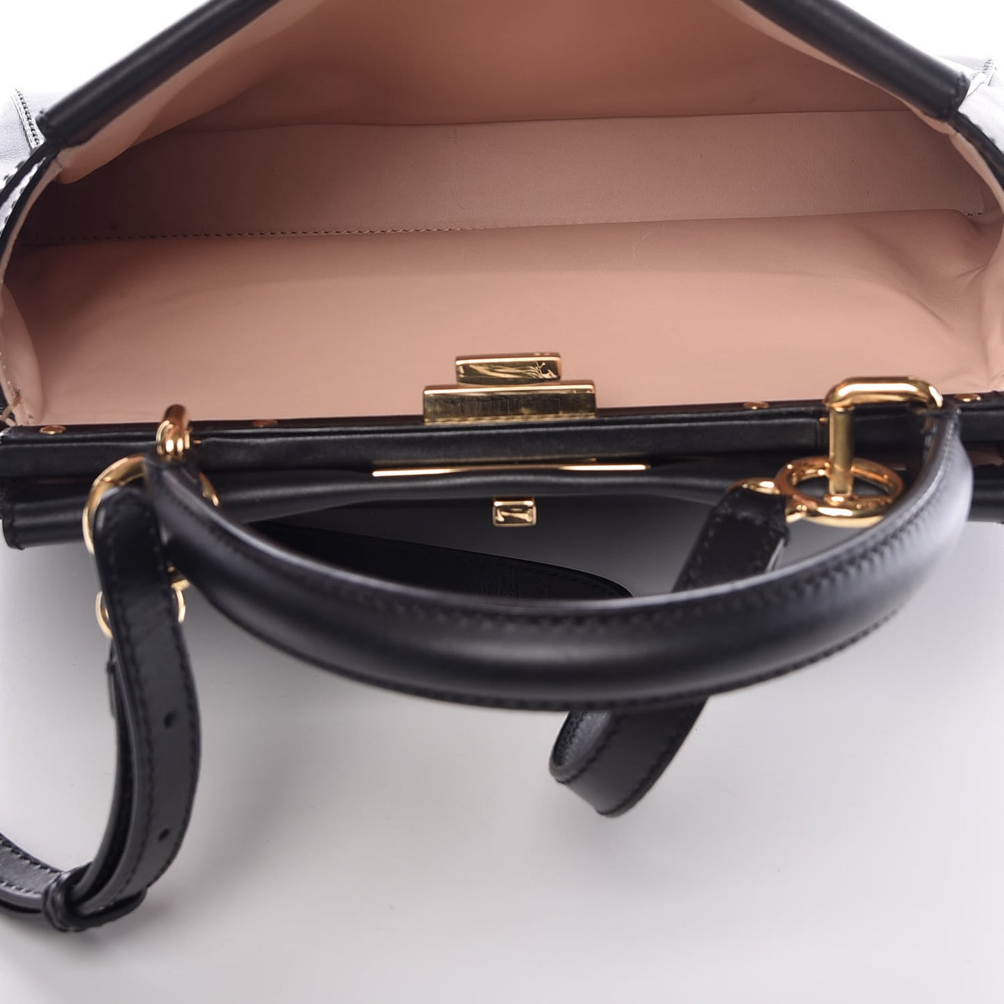 Vitello Morgan Shiny Nappa Medium Peekaboo Iconic Satchel Black Rosa Plaster