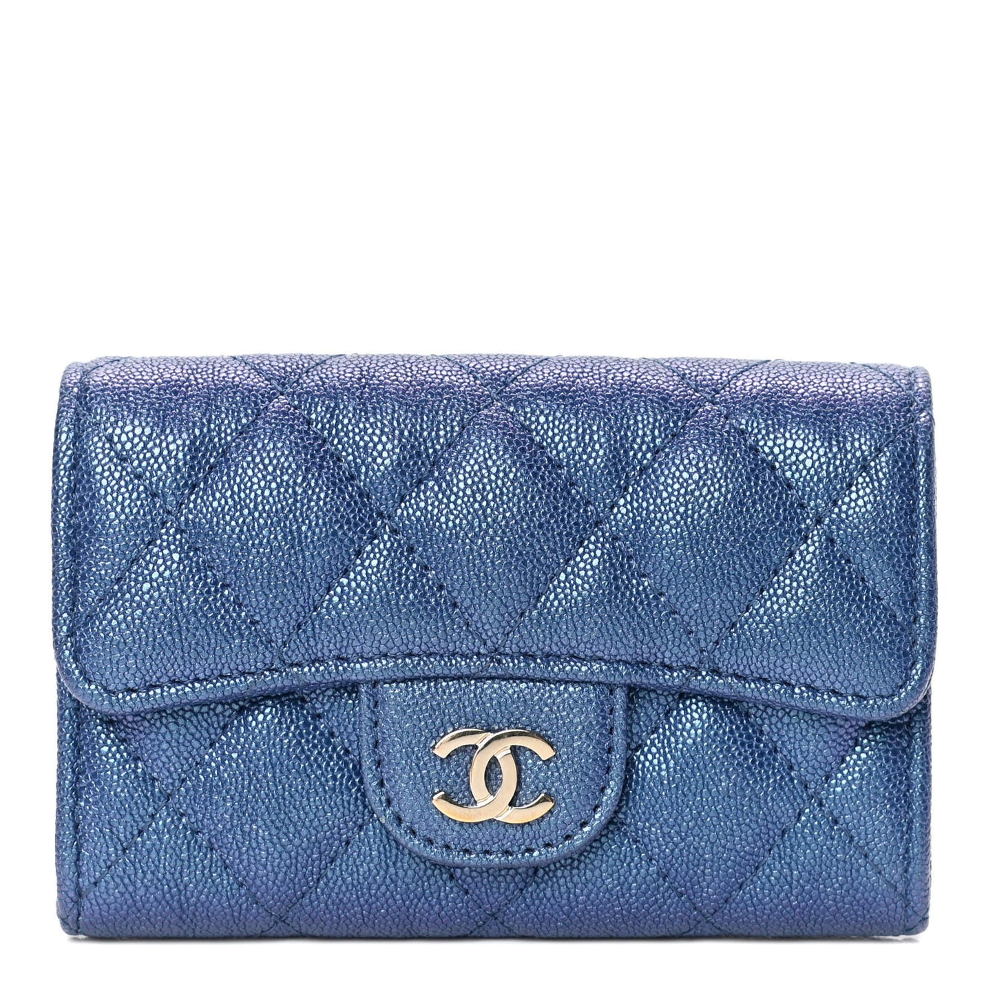 Iridescent Caviar Quilted Flap Card Holder Dark Blue