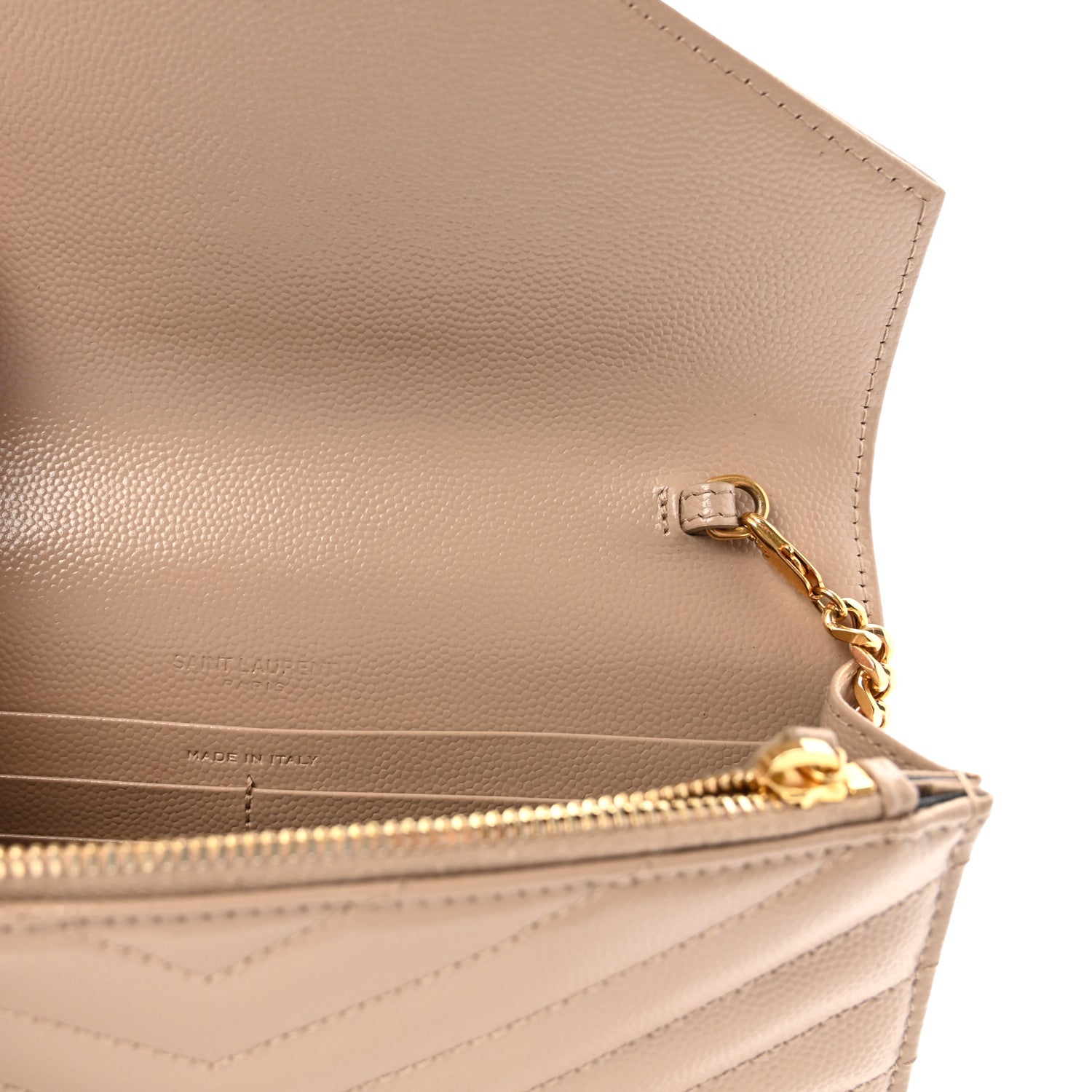 Saint Laurent Grain De Poudre Matelasse Chevron Monogram Envelope Chain Wallet Dark Beige 6 of 9