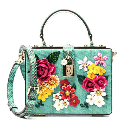 Dolce & Gabbana Tropea Straw Ayers Embroidered Box Bag Teal 1 of 4